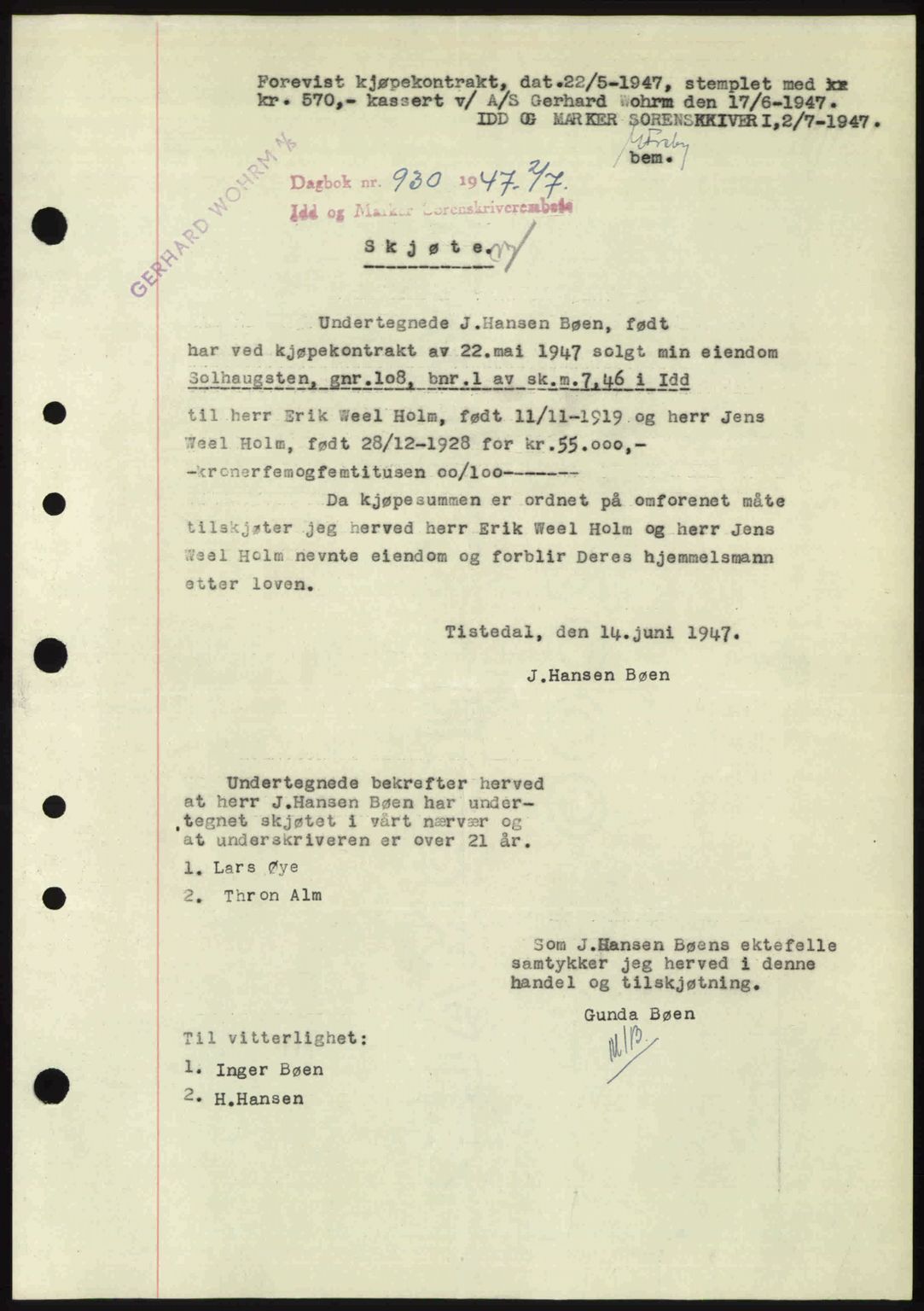 Idd og Marker sorenskriveri, SAO/A-10283/G/Gb/Gbb/L0009: Pantebok nr. A9, 1946-1947, Dagboknr: 930/1947