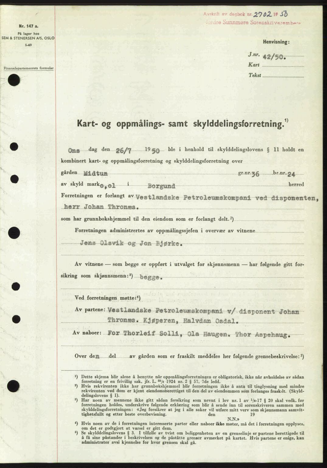 Nordre Sunnmøre sorenskriveri, SAT/A-0006/1/2/2C/2Ca: Pantebok nr. A36, 1950-1950, Dagboknr: 2702/1950