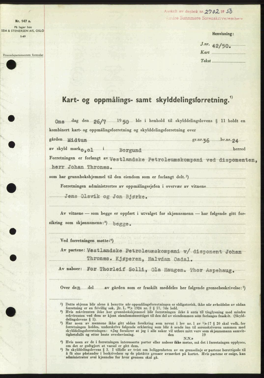 Nordre Sunnmøre sorenskriveri, AV/SAT-A-0006/1/2/2C/2Ca: Pantebok nr. A36, 1950-1950, Dagboknr: 2702/1950