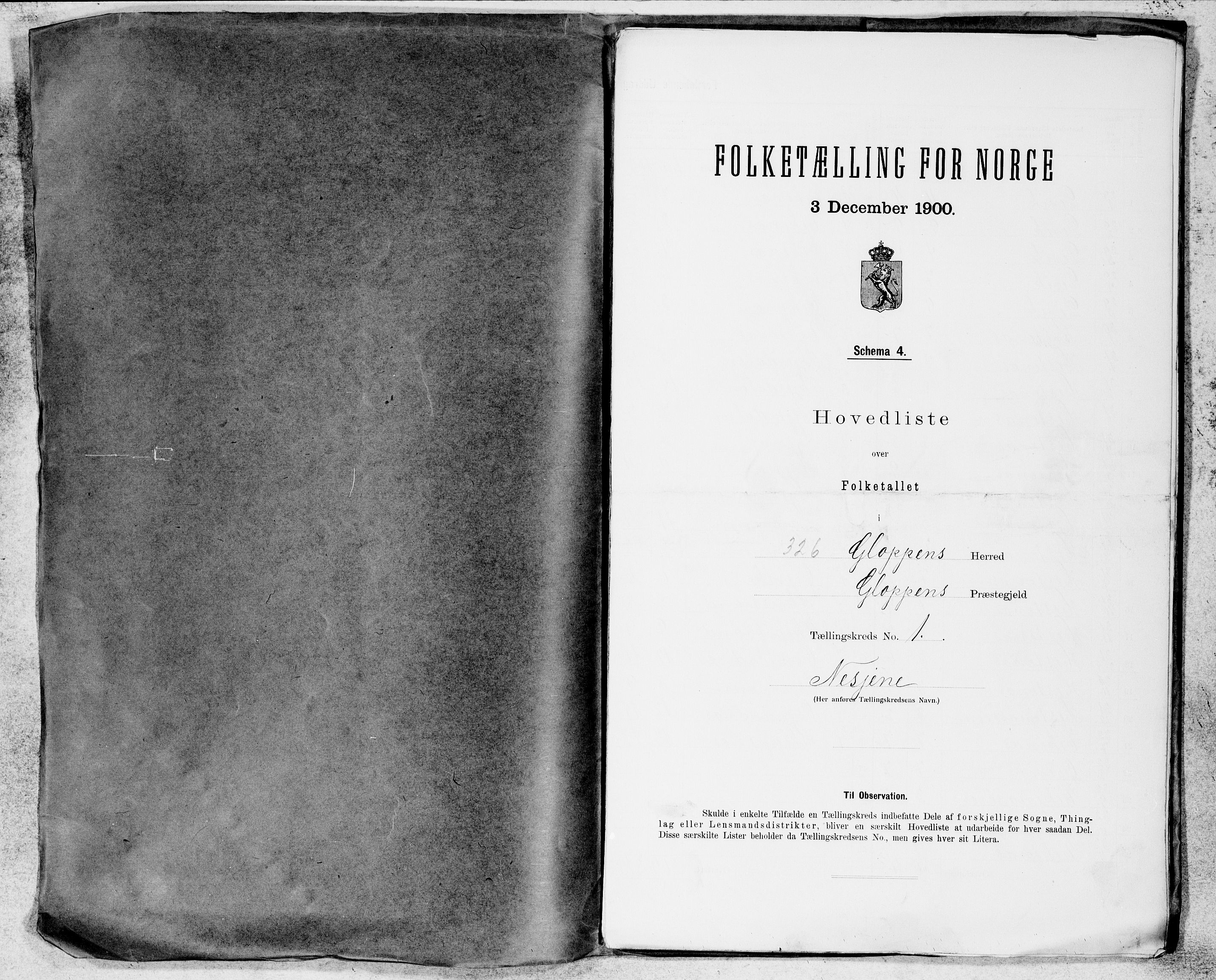 SAB, Folketelling 1900 for 1445 Gloppen herred, 1900, s. 1