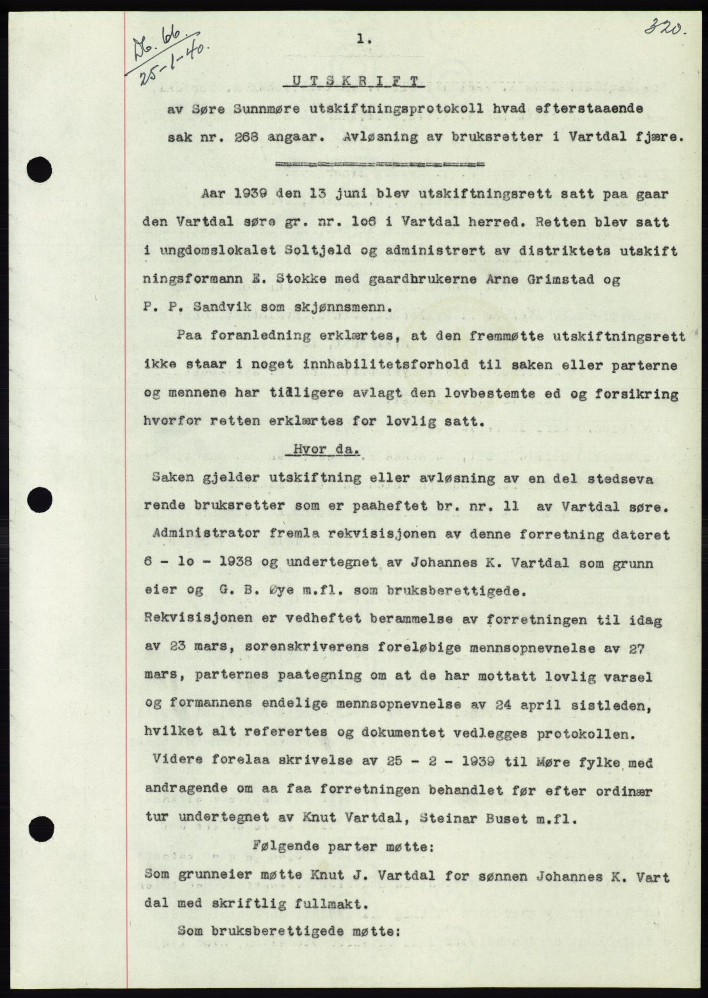 Søre Sunnmøre sorenskriveri, SAT/A-4122/1/2/2C/L0069: Pantebok nr. 63, 1939-1940, Dagboknr: 66/1940