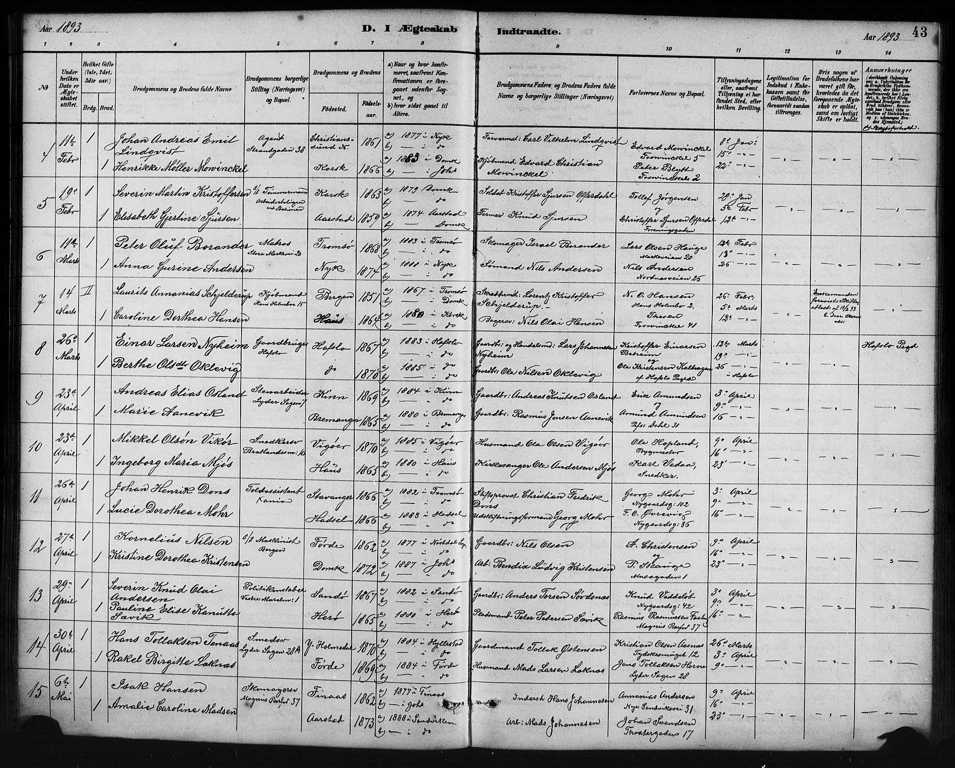 Johanneskirken sokneprestembete, AV/SAB-A-76001/H/Hab: Klokkerbok nr. C 1, 1885-1912, s. 43
