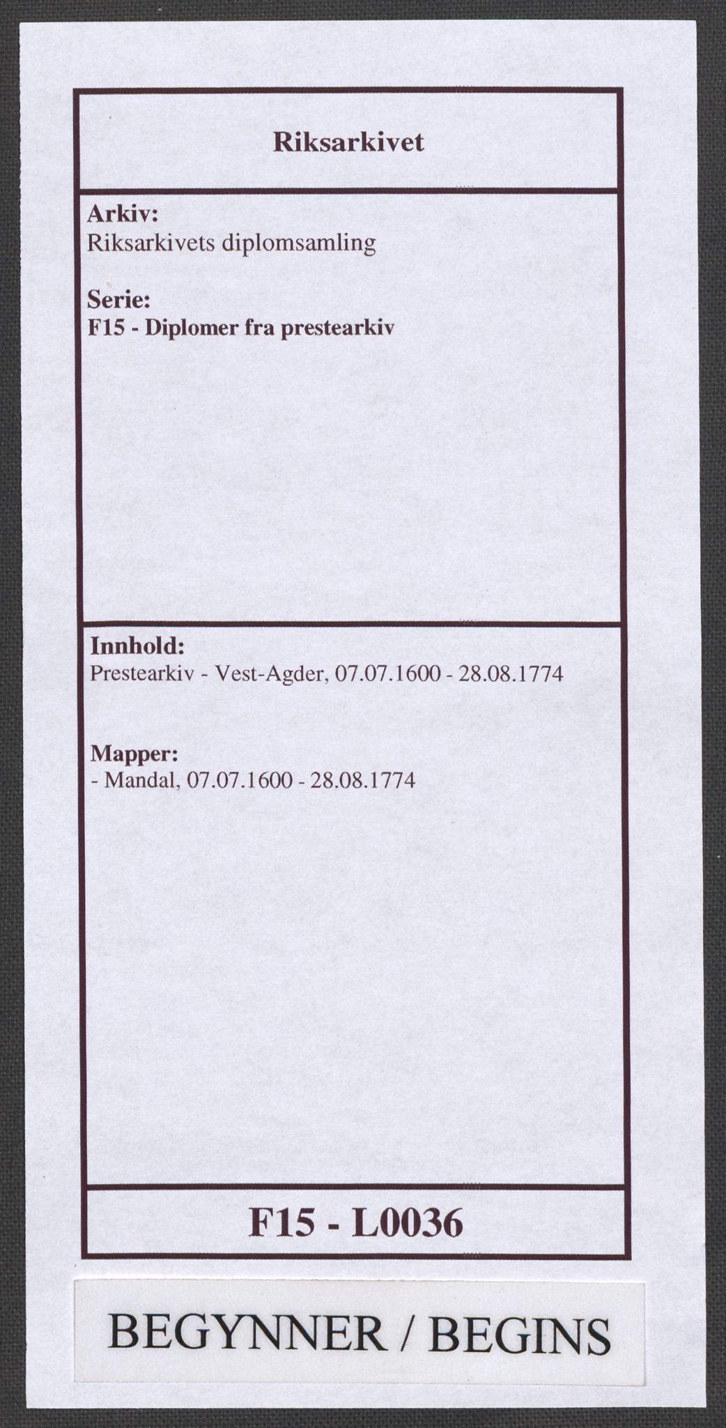Riksarkivets diplomsamling, RA/EA-5965/F15/L0036: Prestearkiv - Vest-Agder, 1600-1774, s. 1