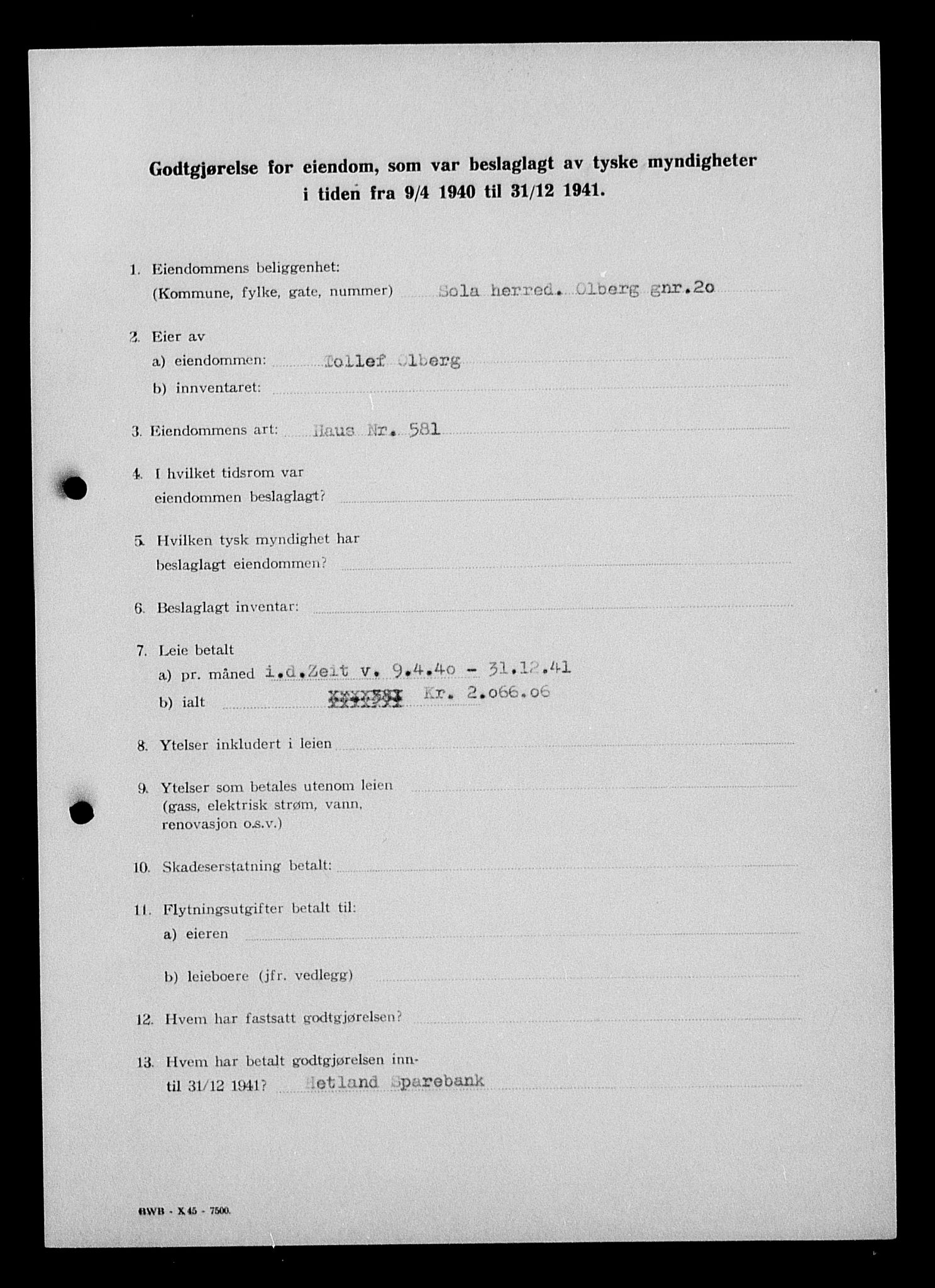 Justisdepartementet, Tilbakeføringskontoret for inndratte formuer, AV/RA-S-1564/I/L1015: Godtgjørelse for beslaglagt eiendom, 1940-1941, s. 43