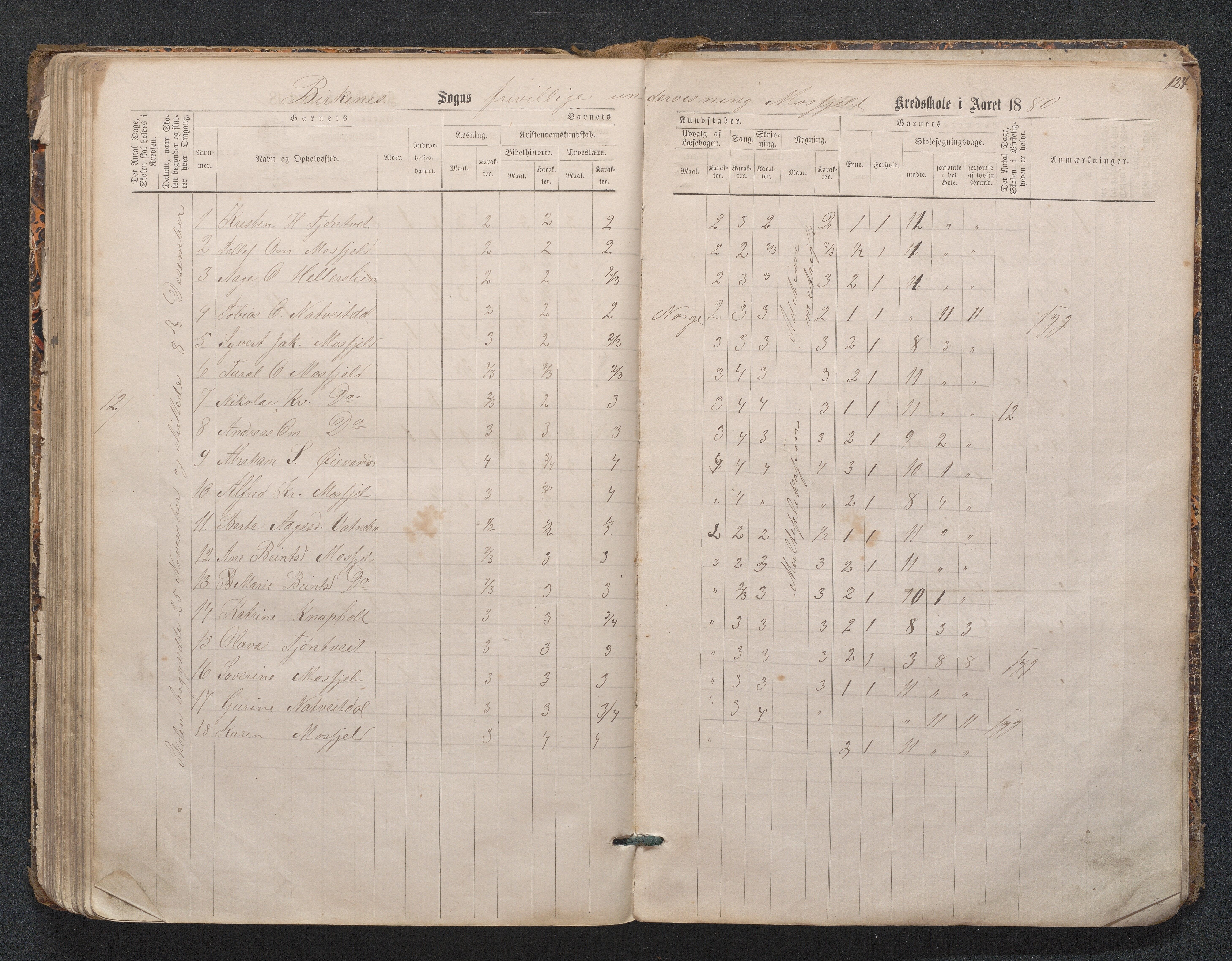 Birkenes kommune, Mosfjell skolekrets, AAKS/KA0928-550f_91/F02/L0001: Skoleprotokoll Flå og Mosfjell, 1867-1909, s. 124