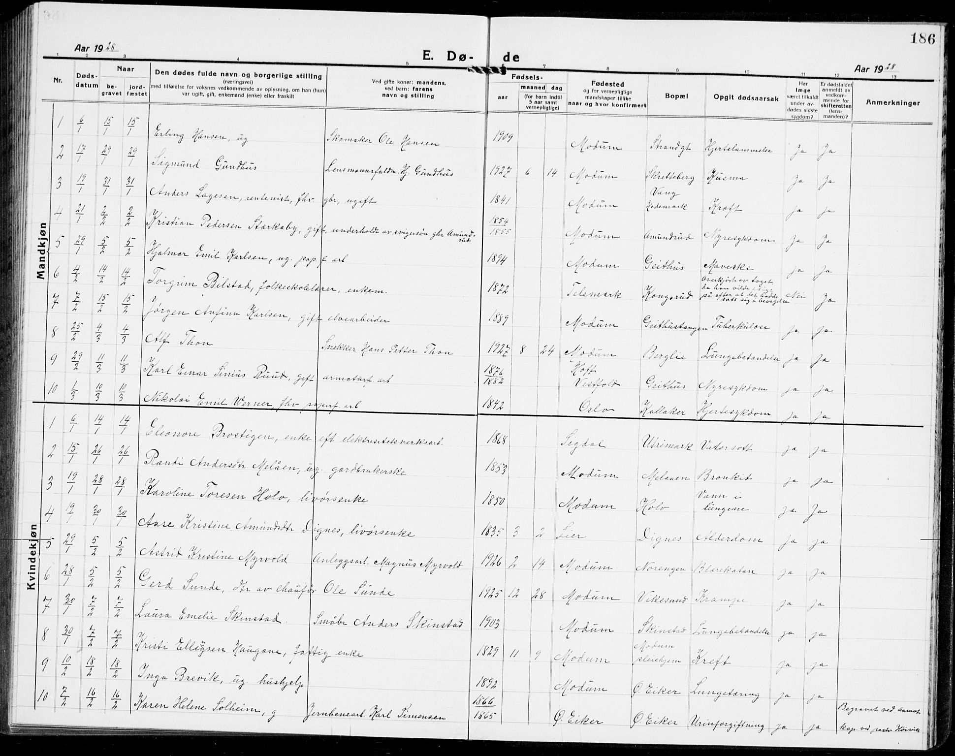 Modum kirkebøker, AV/SAKO-A-234/G/Ga/L0012: Klokkerbok nr. I 12, 1923-1933, s. 186