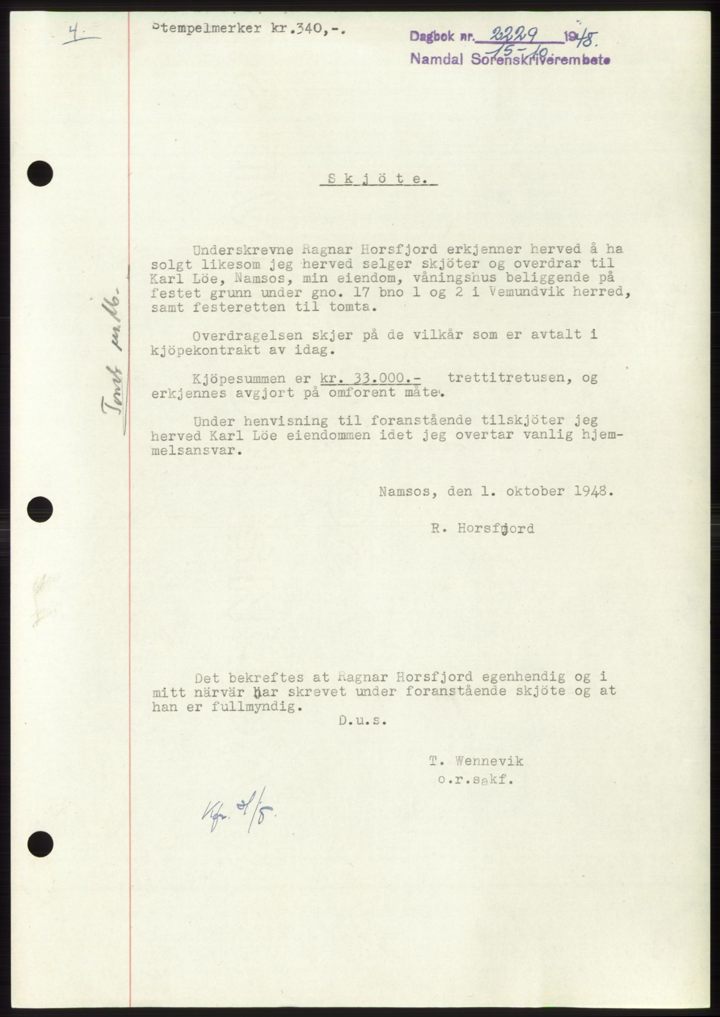 Namdal sorenskriveri, SAT/A-4133/1/2/2C: Pantebok nr. -, 1948-1948, Dagboknr: 2229/1948