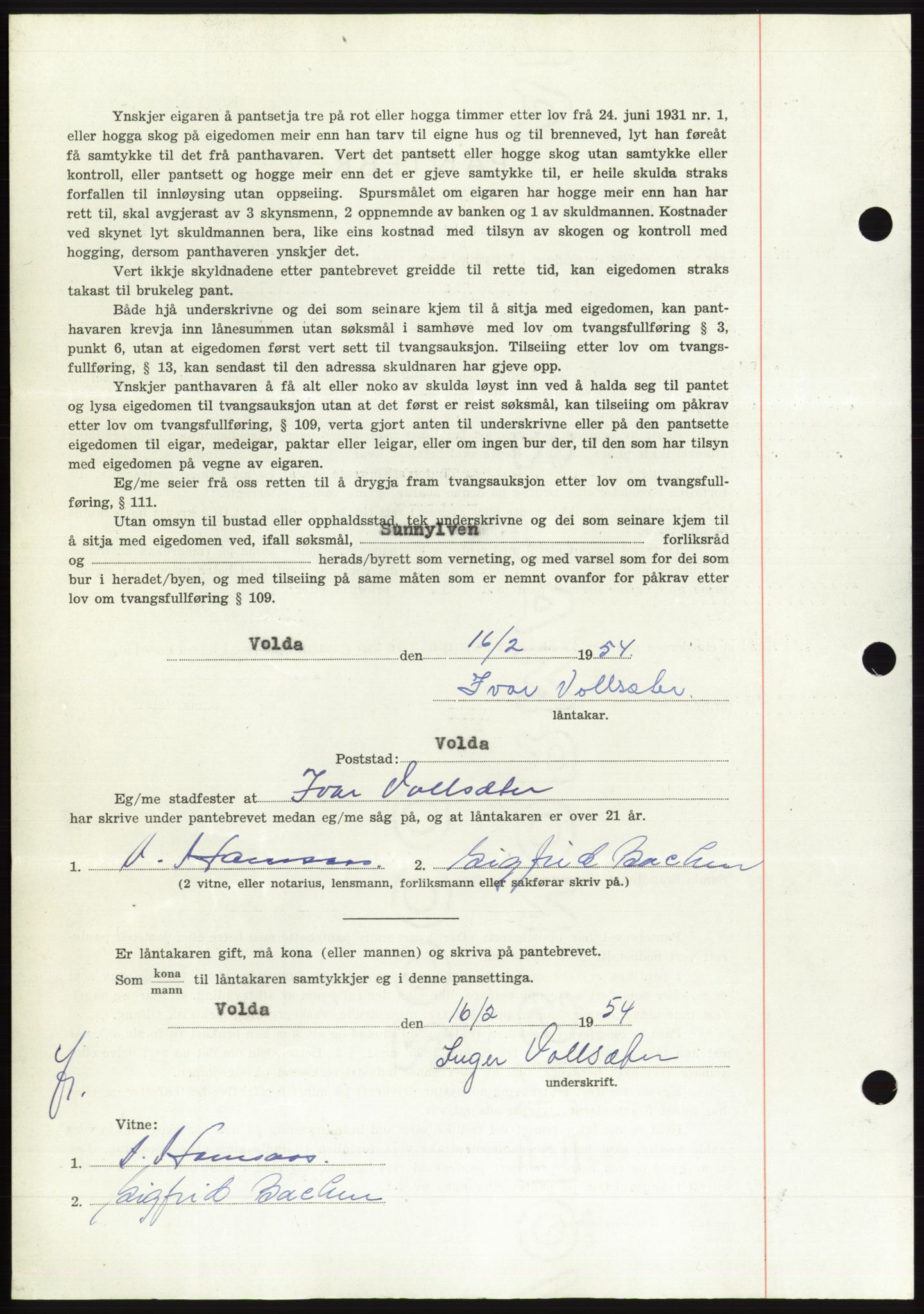 Søre Sunnmøre sorenskriveri, AV/SAT-A-4122/1/2/2C/L0124: Pantebok nr. 12B, 1953-1954, Dagboknr: 415/1954