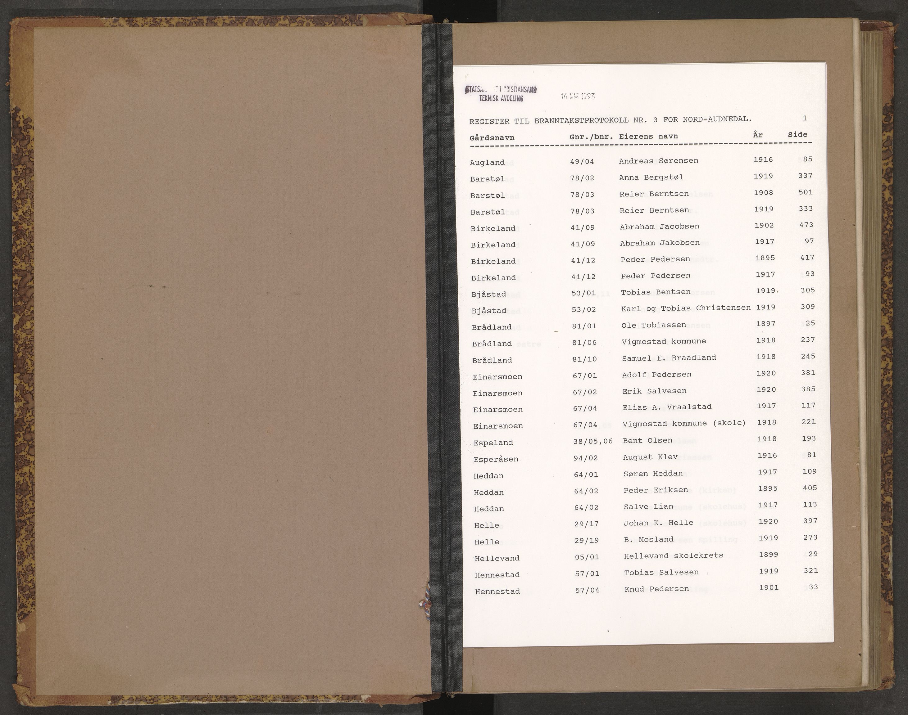 Norges Brannkasse Nord-Audnedal, SAK/2241-0041/F/Fa/L0003: Branntakstprotokoll nr. 3 med gårdsnavnregister, 1896-1920