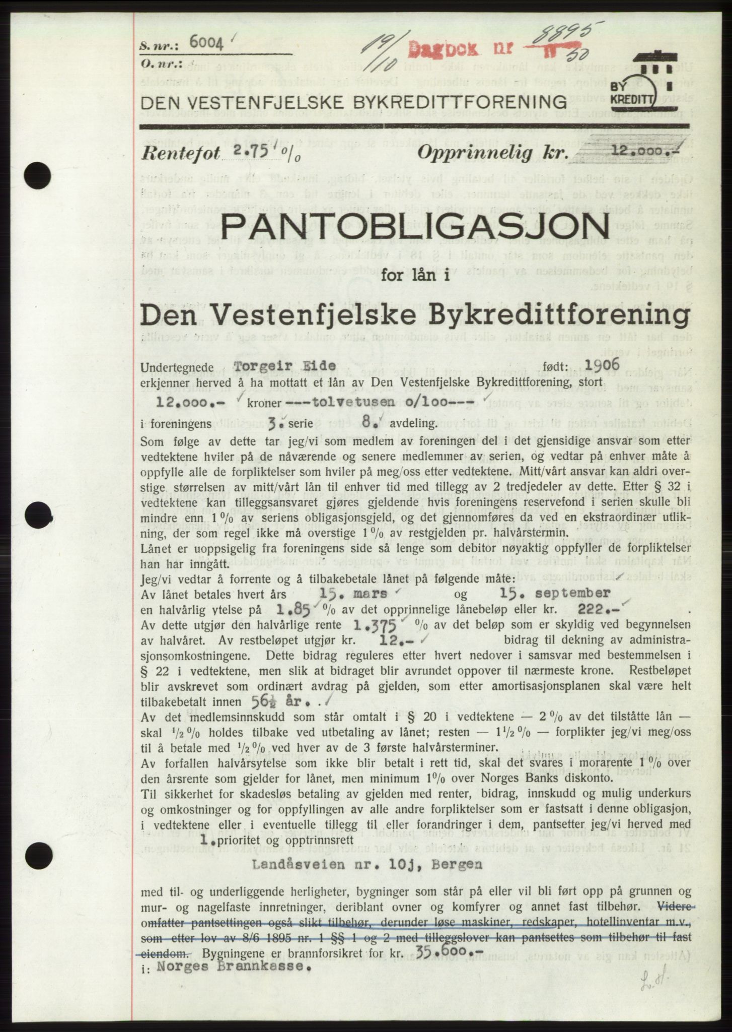 Byfogd og Byskriver i Bergen, SAB/A-3401/03/03Bd/L0004: Pantebok nr. B40-41, 1950-1950, Dagboknr: 8895/1950