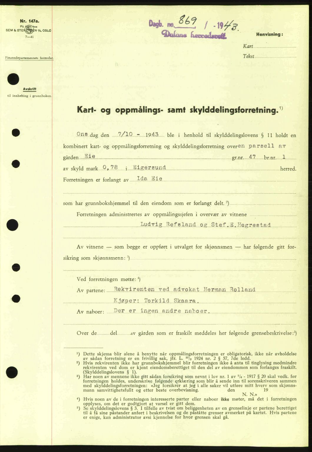 Dalane sorenskriveri, SAST/A-100309/02/G/Gb/L0046: Pantebok nr. A7, 1942-1943, Dagboknr: 869/1943