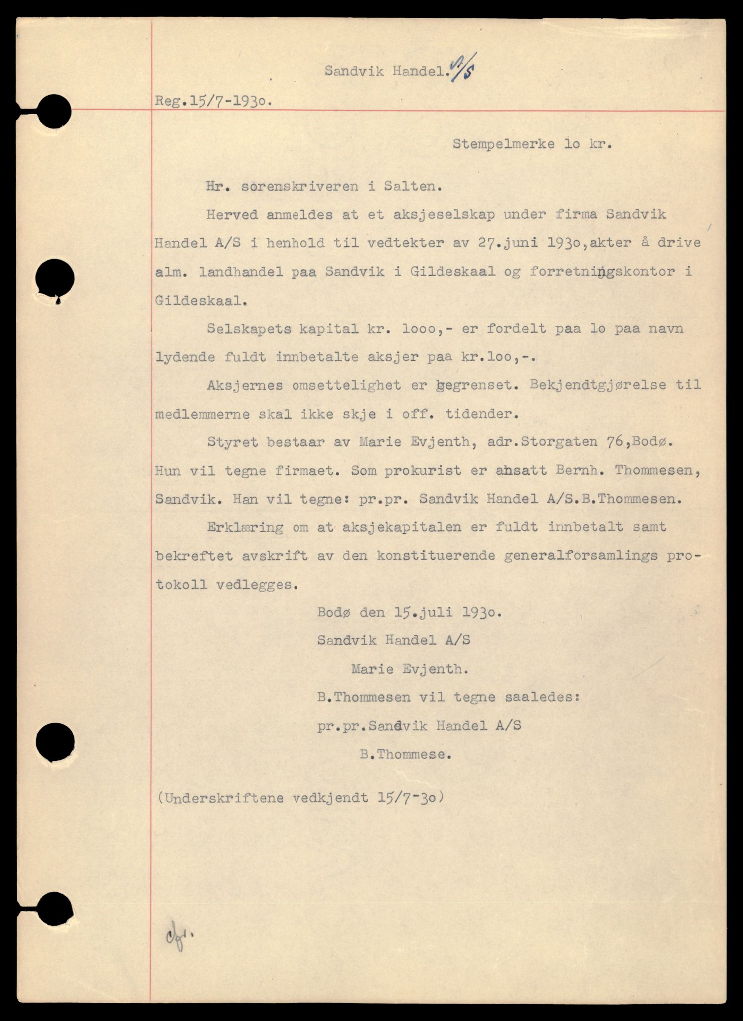Salten sorenskriveri, SAT/A-4578/4/J/Jd/Jda/L0025: Bilag. Enkeltmannsforetak, personlig firma og andelslag S, 1915-1988, s. 1