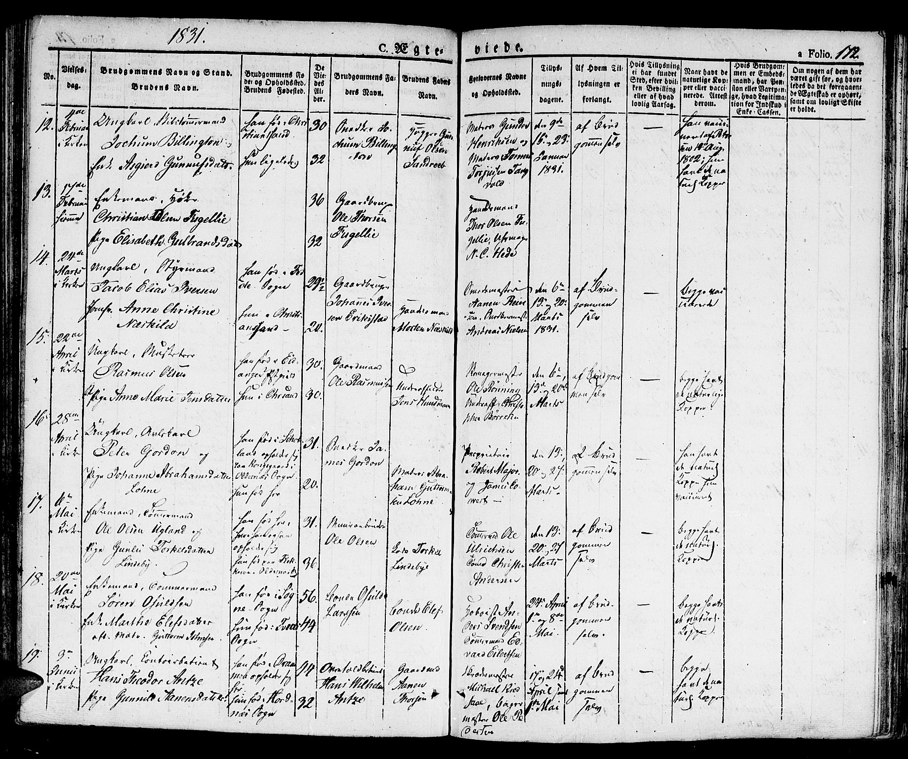 Kristiansand domprosti, AV/SAK-1112-0006/F/Fb/L0007: Klokkerbok nr. B 7, 1829-1837, s. 172