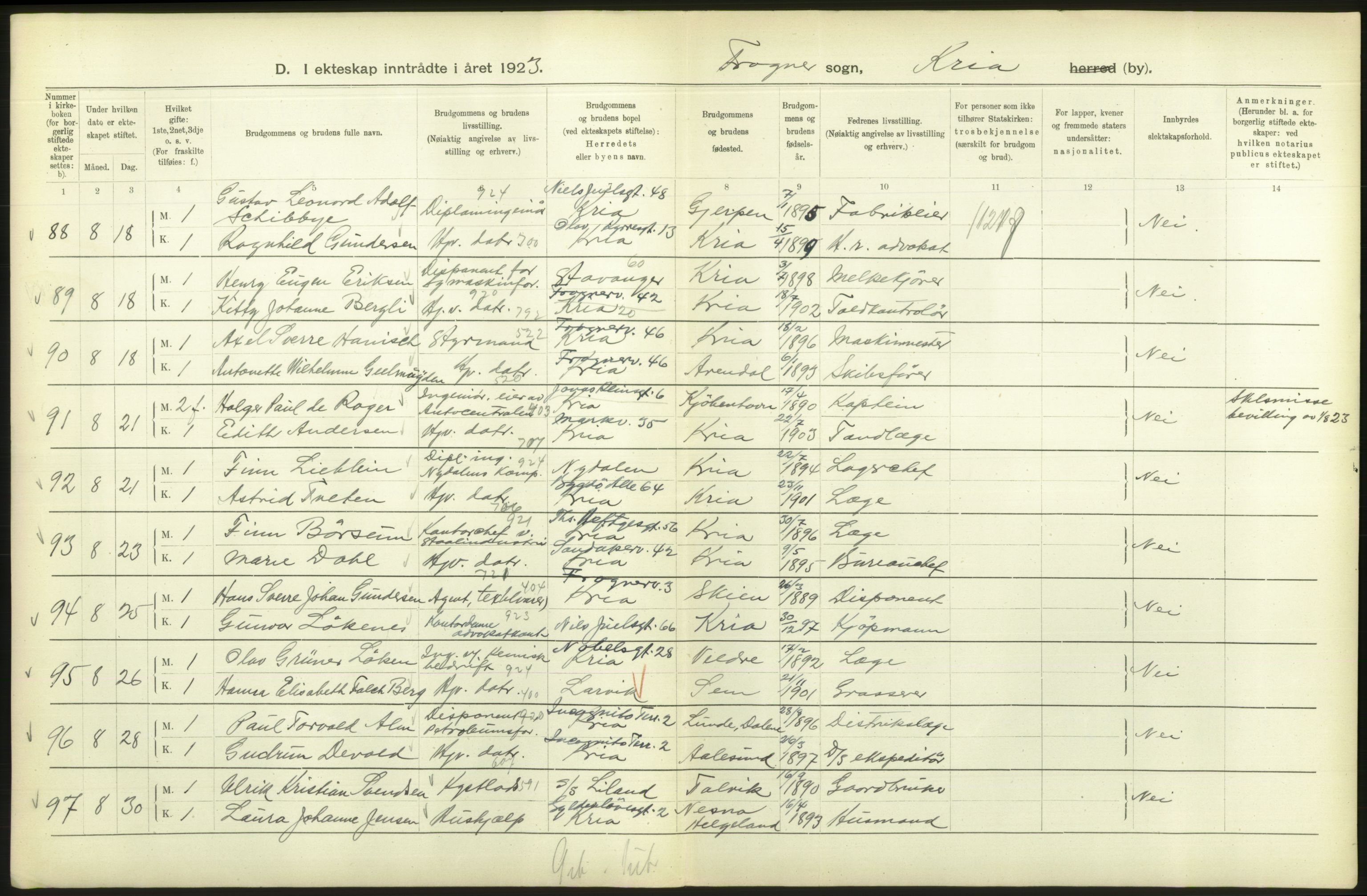 Statistisk sentralbyrå, Sosiodemografiske emner, Befolkning, AV/RA-S-2228/D/Df/Dfc/Dfcc/L0008: Kristiania: Gifte, 1923, s. 314