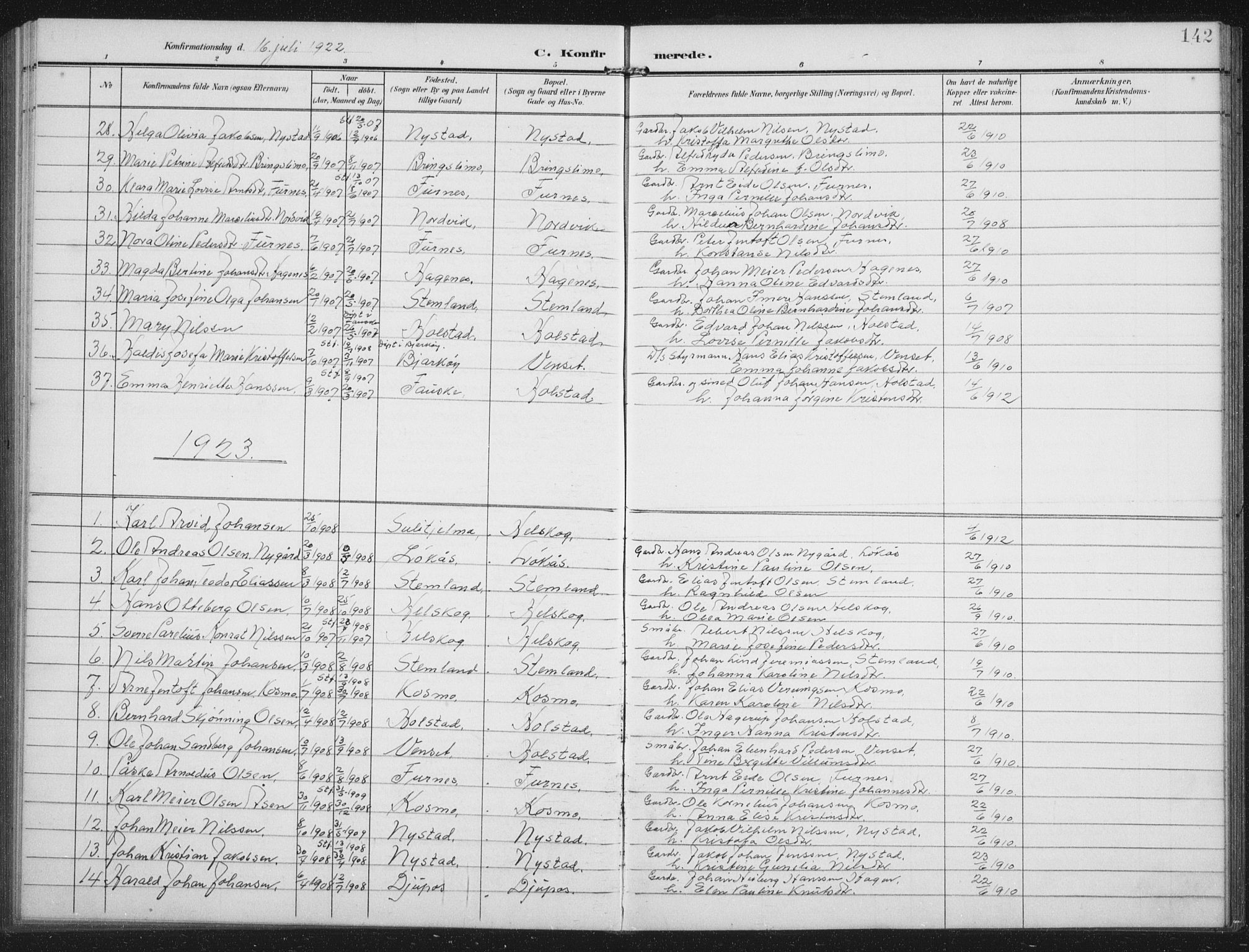 Ministerialprotokoller, klokkerbøker og fødselsregistre - Nordland, SAT/A-1459/851/L0726: Klokkerbok nr. 851C01, 1902-1924, s. 142