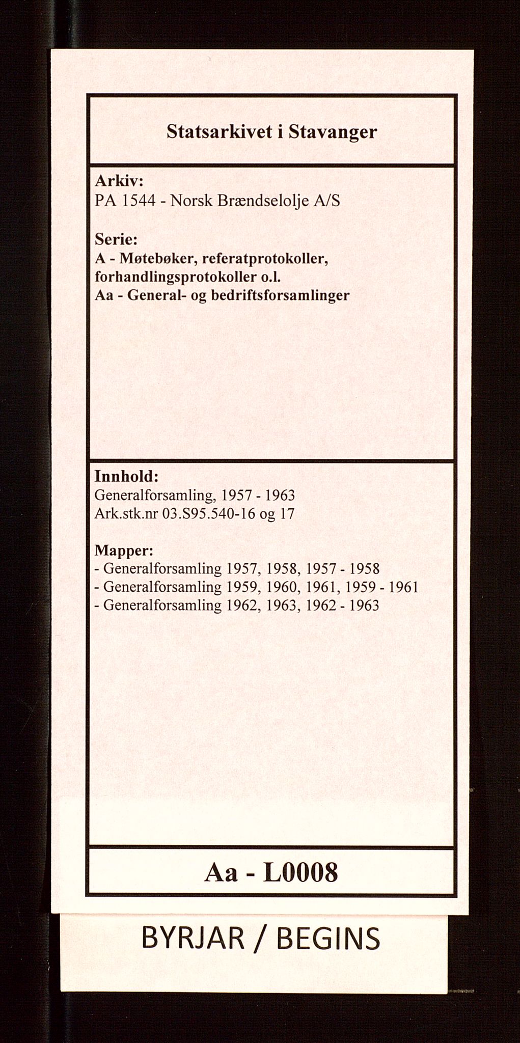 PA 1544 - Norsk Brændselolje A/S, AV/SAST-A-101965/1/A/Aa/L0008/0001: Generalforsamling / Generalforsamling 1957, 1958, 1957-1958, s. 1