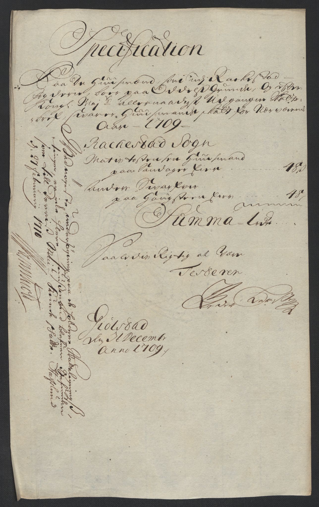 Rentekammeret inntil 1814, Reviderte regnskaper, Fogderegnskap, AV/RA-EA-4092/R07/L0301: Fogderegnskap Rakkestad, Heggen og Frøland, 1709, s. 195