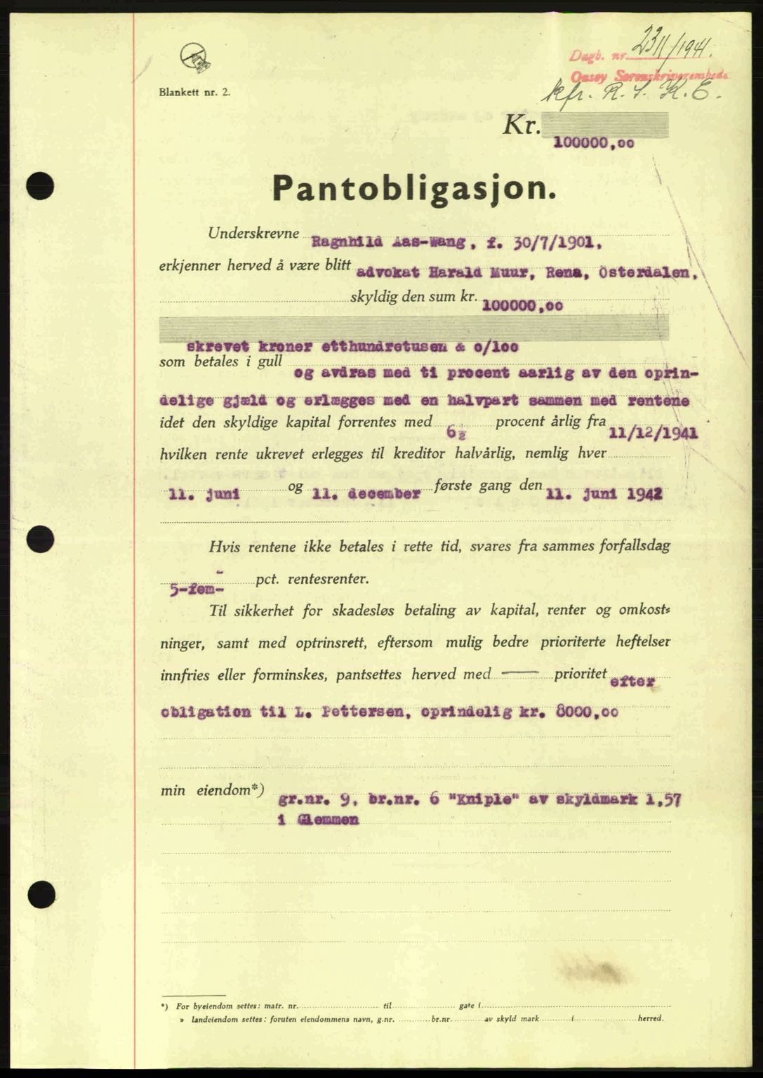 Onsøy sorenskriveri, SAO/A-10474/G/Ga/Gac/L0003: Pantebok nr. B3, 1940-1944, Dagboknr: 2311/1941