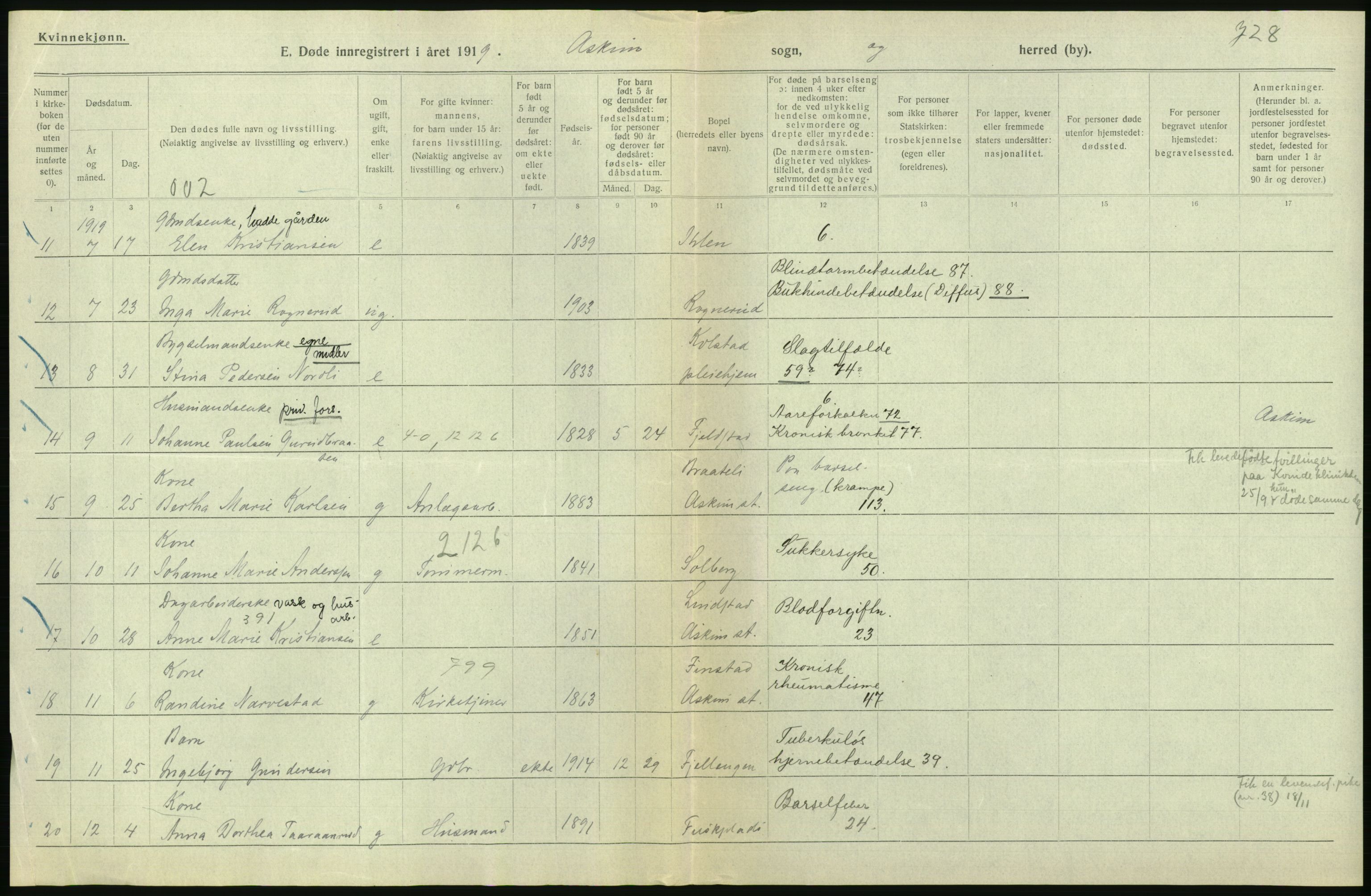 Statistisk sentralbyrå, Sosiodemografiske emner, Befolkning, AV/RA-S-2228/D/Df/Dfb/Dfbi/L0003: Østfold fylke: Døde. Bygder og byer., 1919