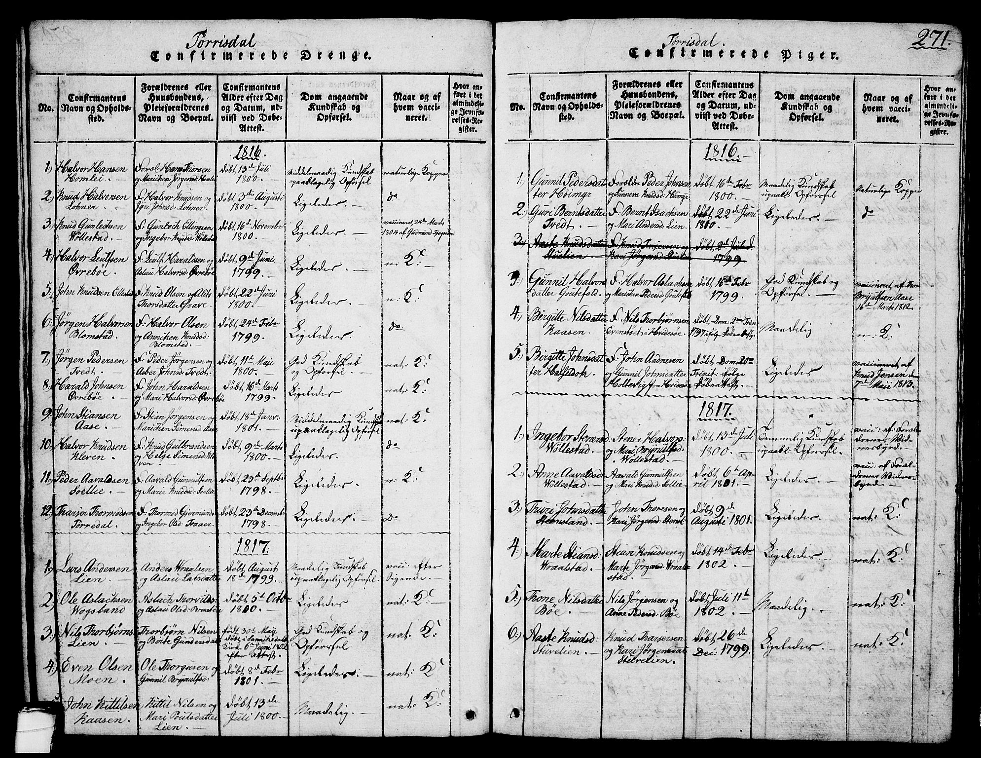 Drangedal kirkebøker, AV/SAKO-A-258/G/Ga/L0001: Klokkerbok nr. I 1 /2, 1814-1856, s. 271