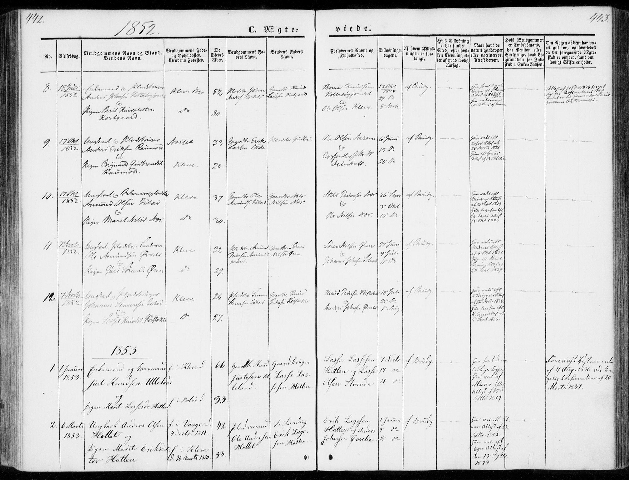 Ministerialprotokoller, klokkerbøker og fødselsregistre - Møre og Romsdal, AV/SAT-A-1454/557/L0680: Ministerialbok nr. 557A02, 1843-1869, s. 442-443