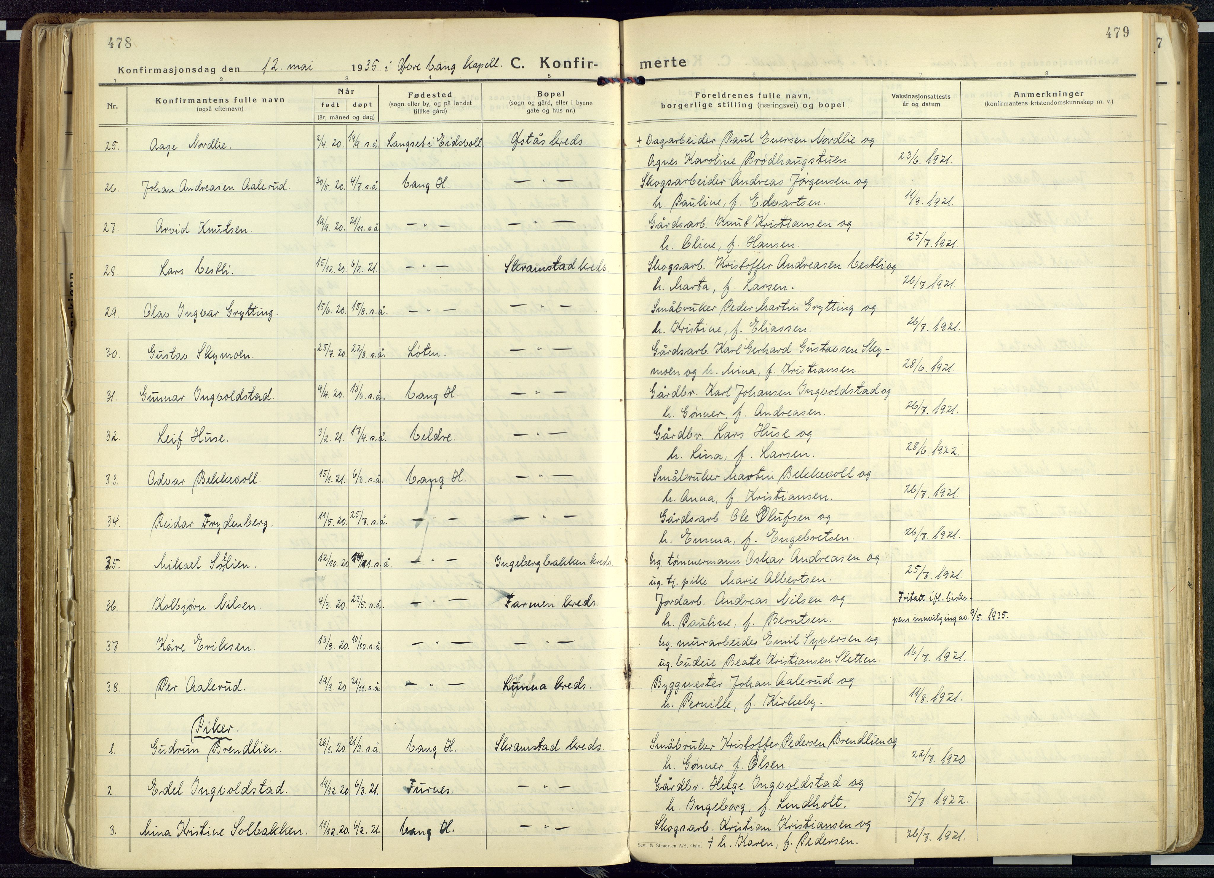 Vang prestekontor, Hedmark, AV/SAH-PREST-008/H/Ha/Haa/L0023: Ministerialbok nr. 23, 1932-1957, s. 478-479