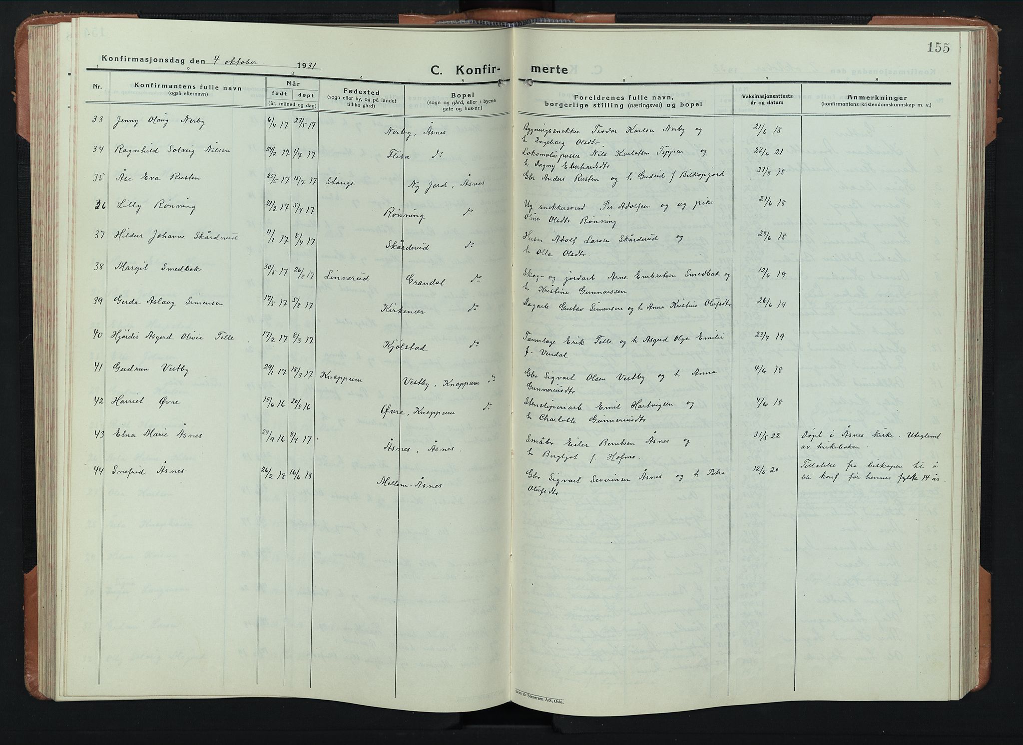 Åsnes prestekontor, AV/SAH-PREST-042/H/Ha/Hab/L0008: Klokkerbok nr. 8, 1927-1942, s. 155