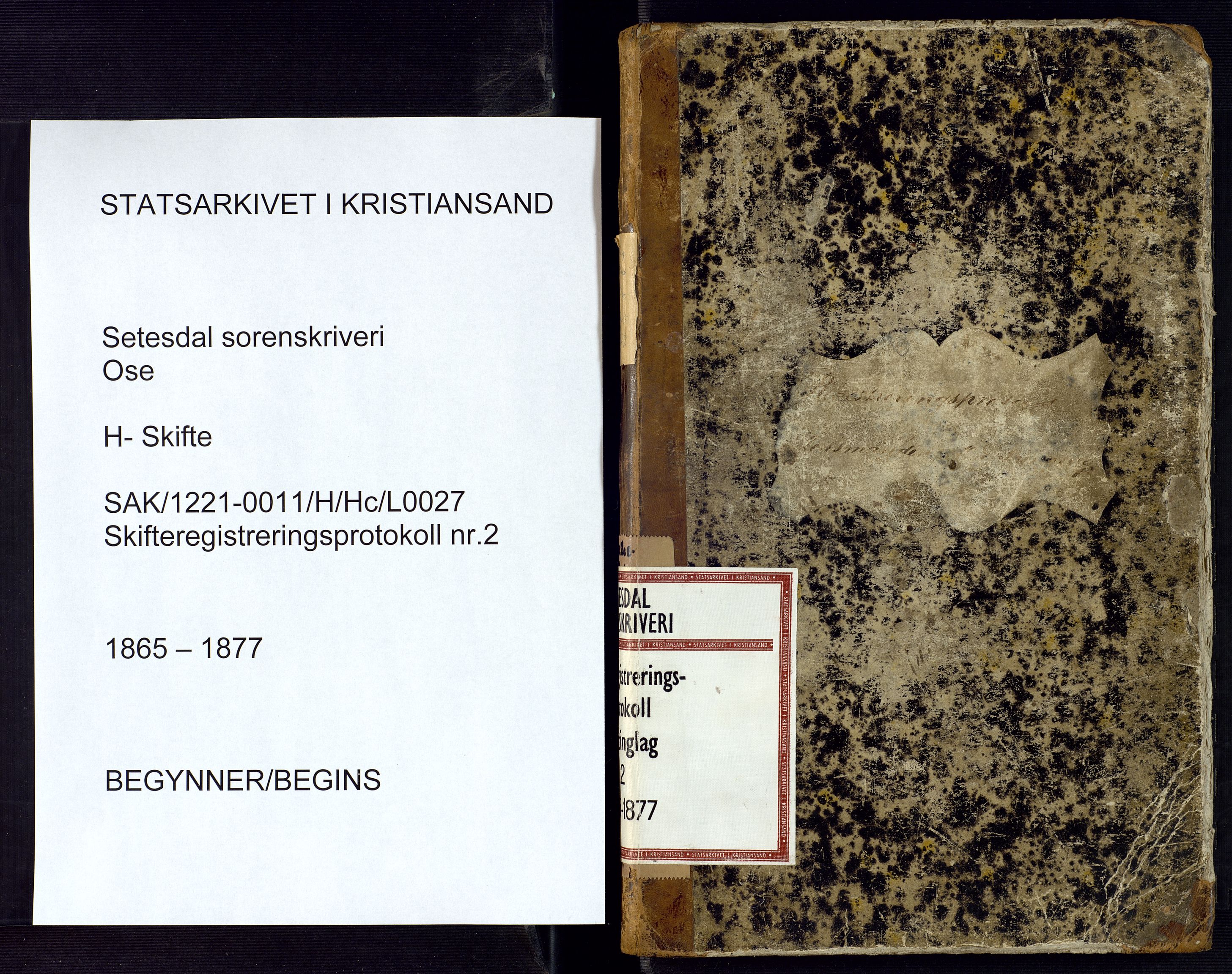 Setesdal sorenskriveri, SAK/1221-0011/H/Hc/L0027: Skifteregistreringsprotokoll nr 2 Ose tinglag med register, 1865-1877