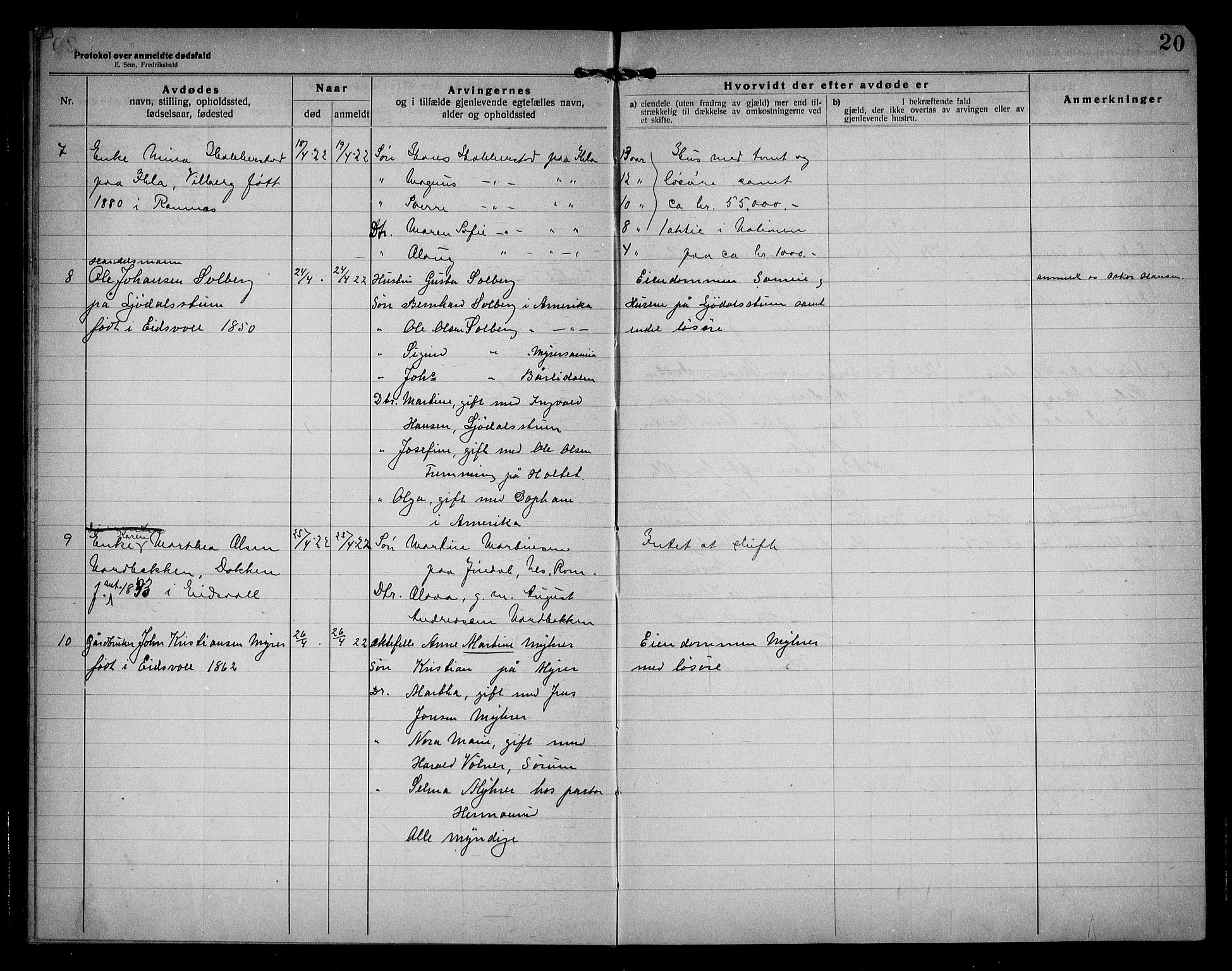 Eidsvoll lensmannskontor, AV/SAO-A-10266a/H/Ha/Haa/L0005: Dødsfallprotokoll, 1921-1930, s. 20