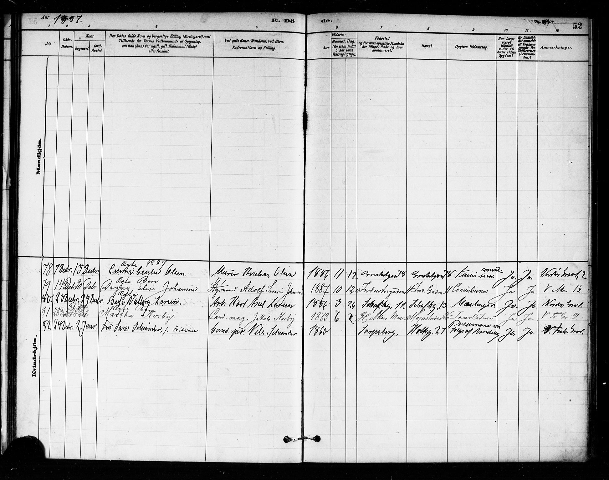 Uranienborg prestekontor Kirkebøker, AV/SAO-A-10877/F/Fa/L0004: Ministerialbok nr. I 4, 1880-1901, s. 52