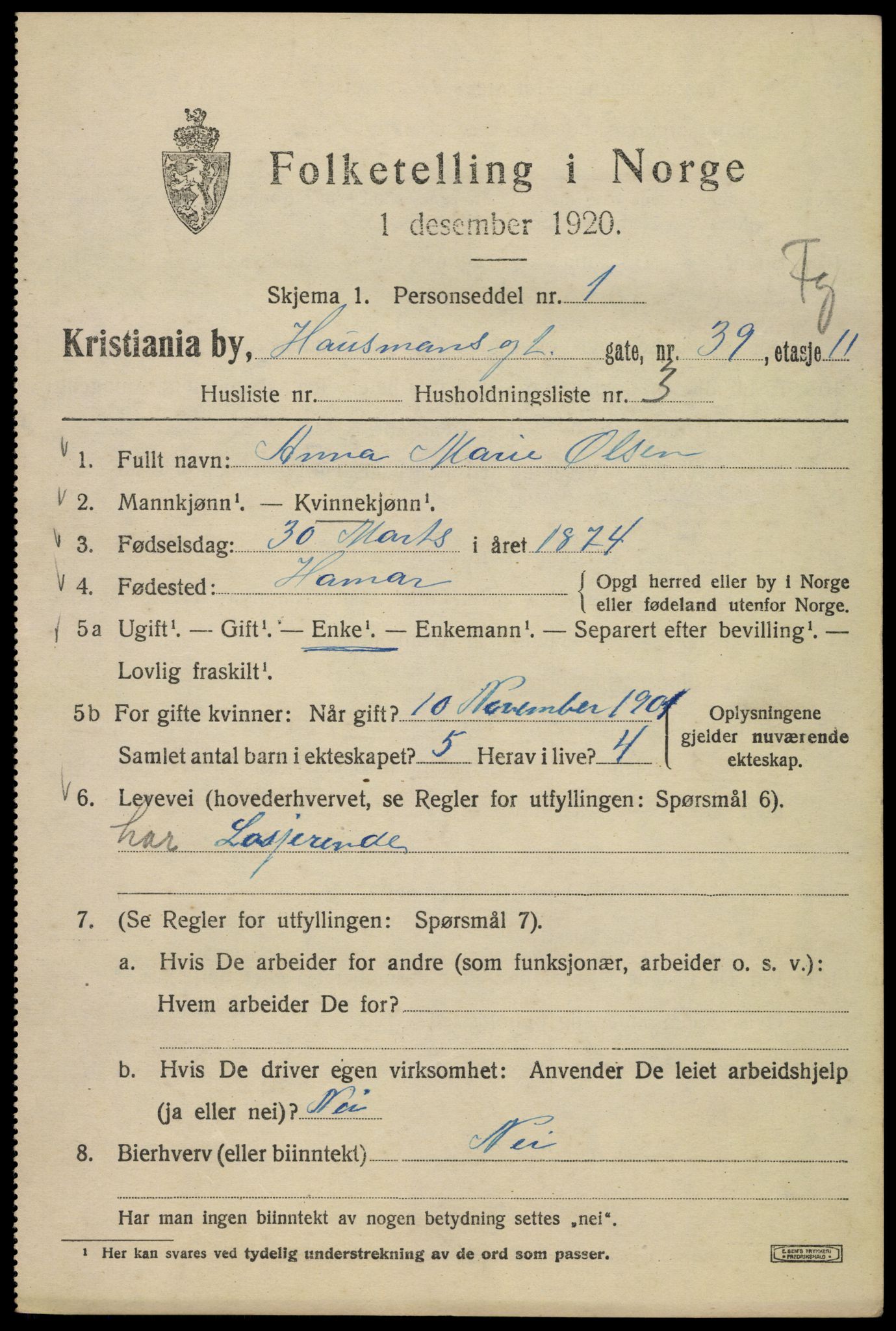 SAO, Folketelling 1920 for 0301 Kristiania kjøpstad, 1920, s. 273617