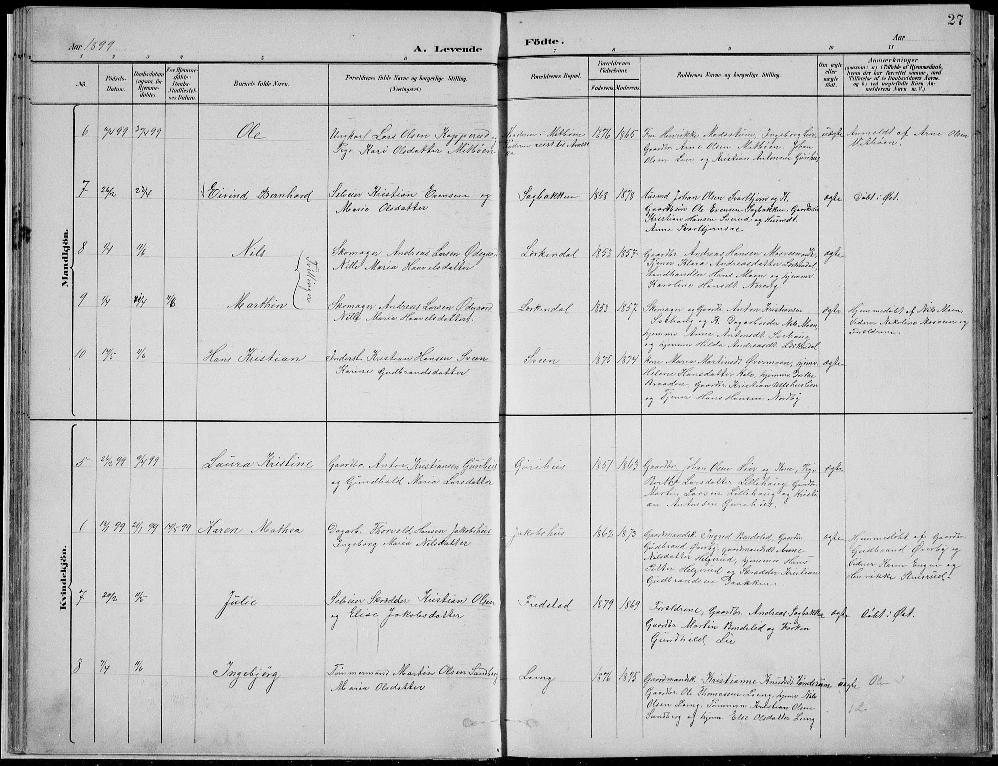 Nordre Land prestekontor, SAH/PREST-124/H/Ha/Hab/L0013: Klokkerbok nr. 13, 1891-1904, s. 27