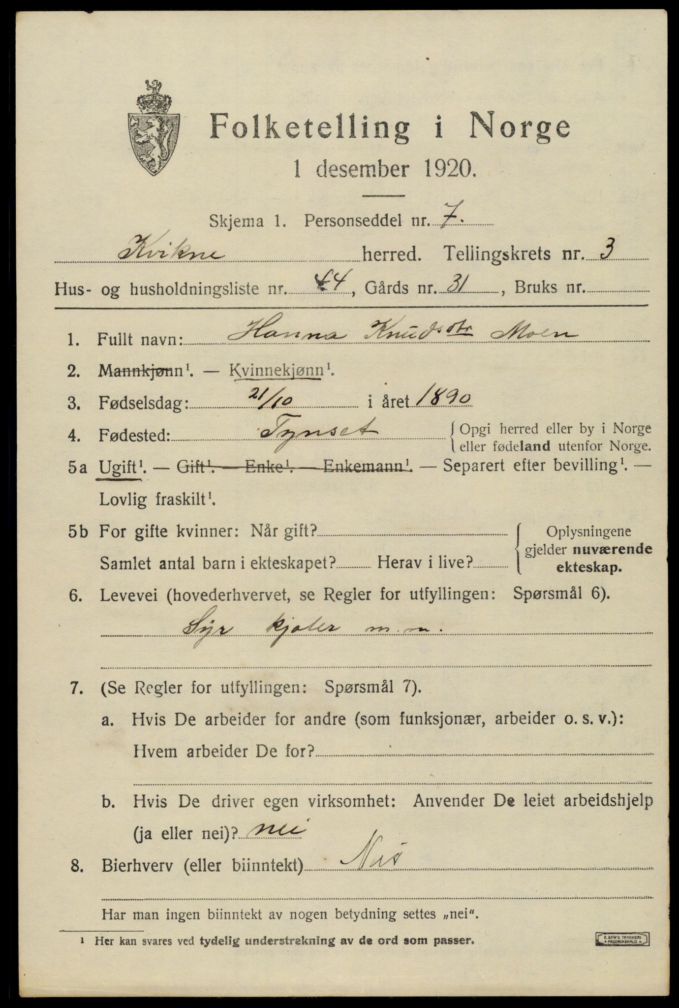 SAH, Folketelling 1920 for 0440 Kvikne herred, 1920, s. 1614