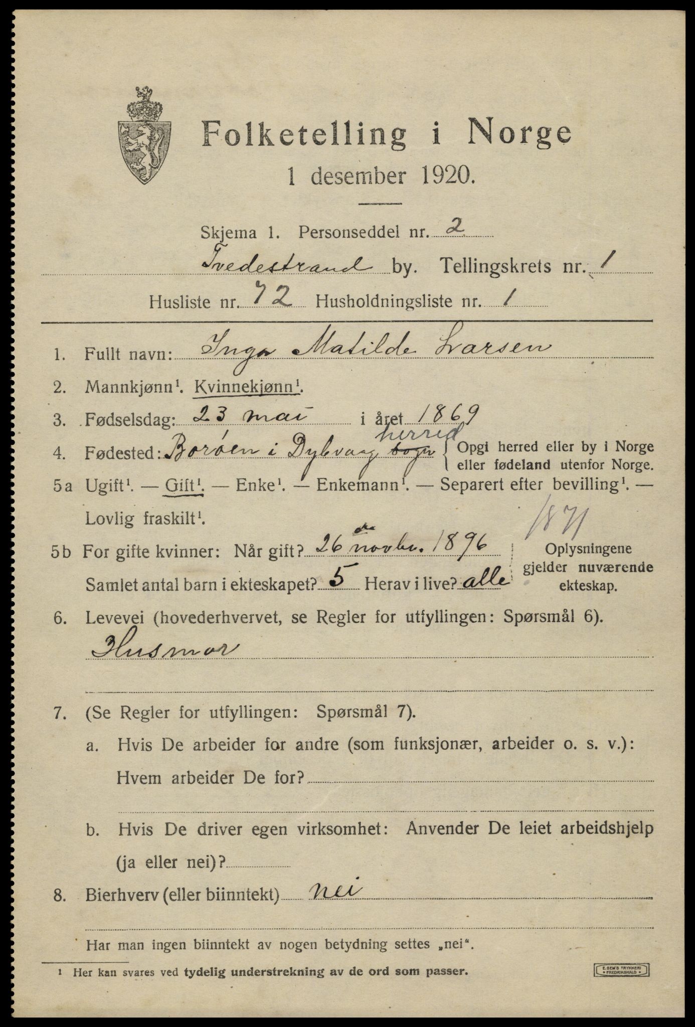 SAK, Folketelling 1920 for 0902 Tvedestrand ladested, 1920, s. 2135