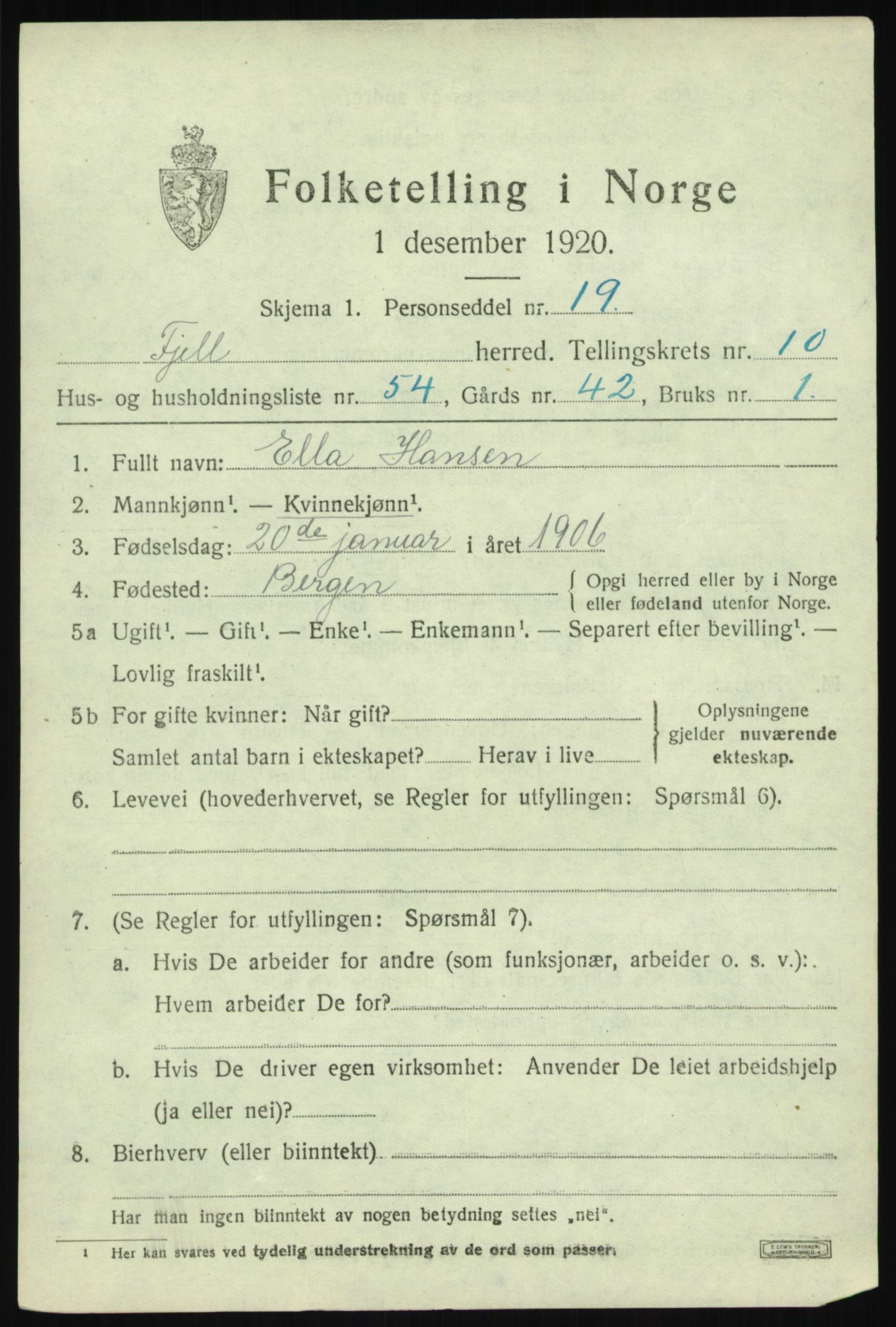 SAB, Folketelling 1920 for 1246 Fjell herred, 1920, s. 9826