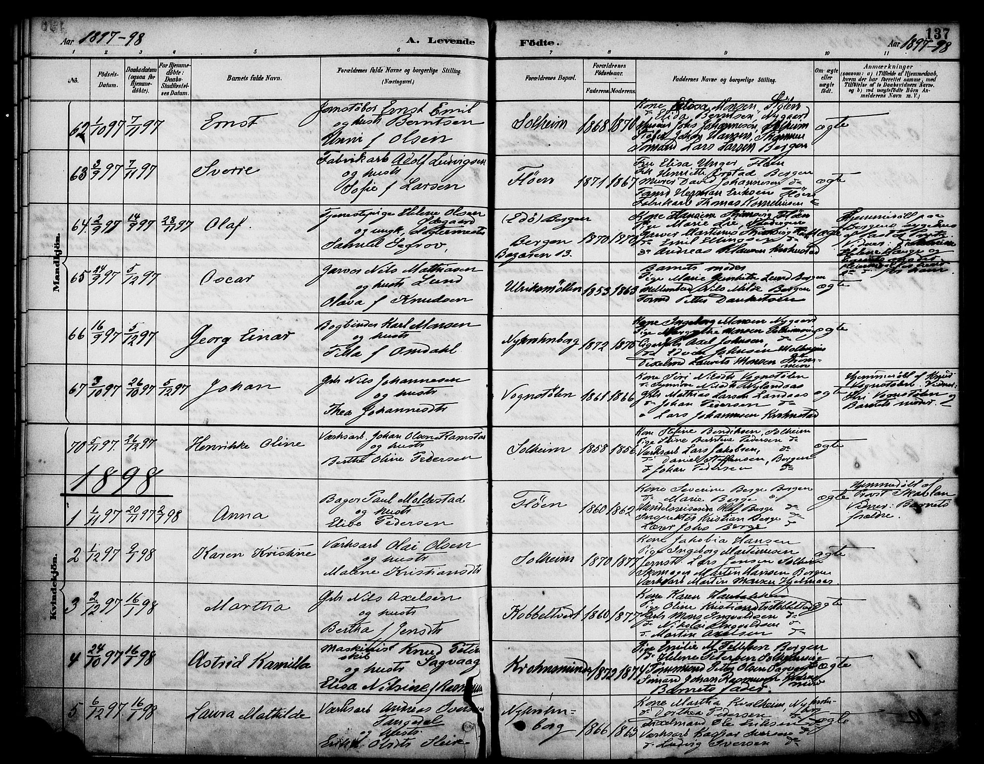 Årstad Sokneprestembete, AV/SAB-A-79301/H/Haa/L0001: Ministerialbok nr. A 1, 1886-1901, s. 137
