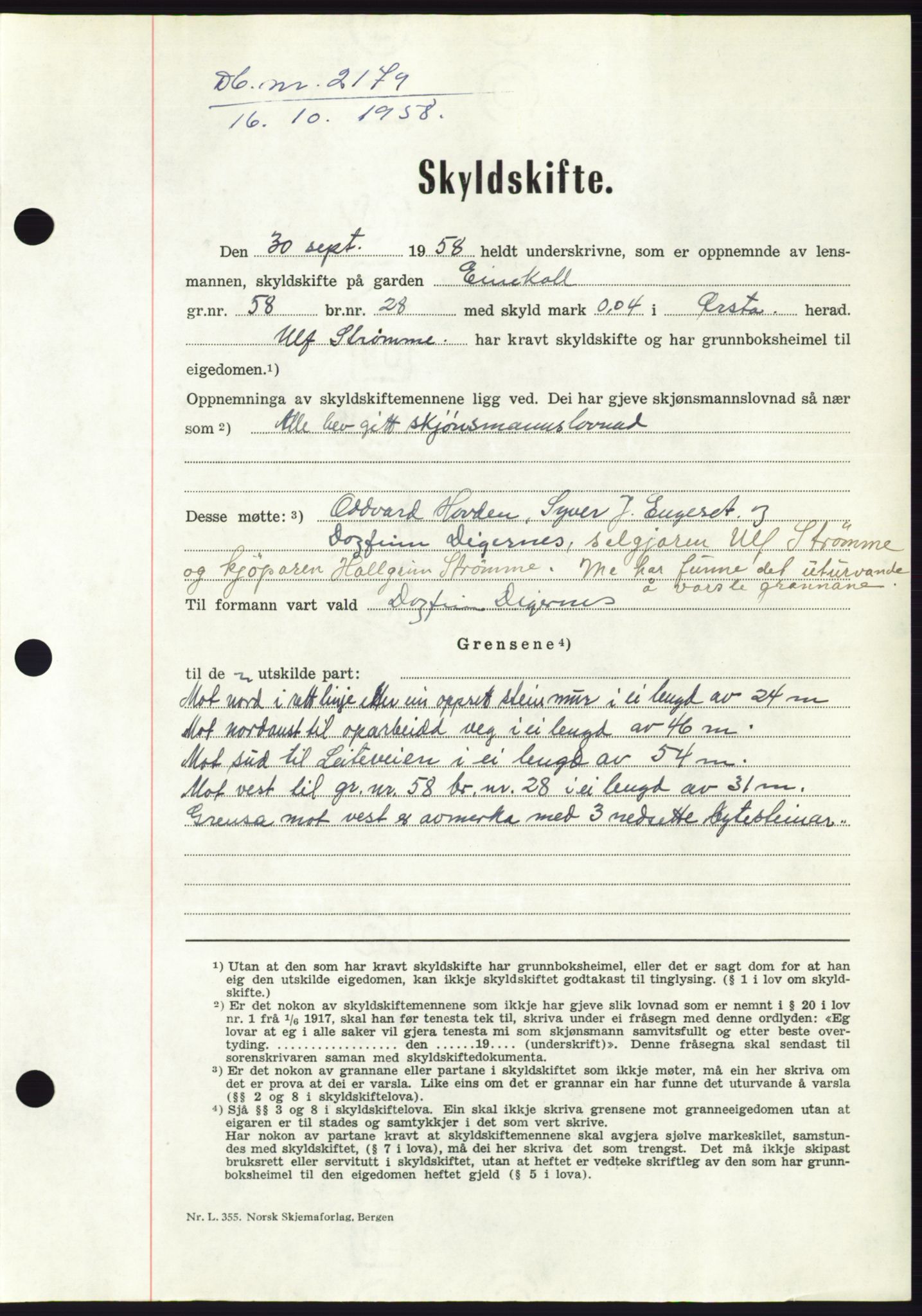 Søre Sunnmøre sorenskriveri, AV/SAT-A-4122/1/2/2C/L0110: Pantebok nr. 36A, 1958-1958, Dagboknr: 2179/1958