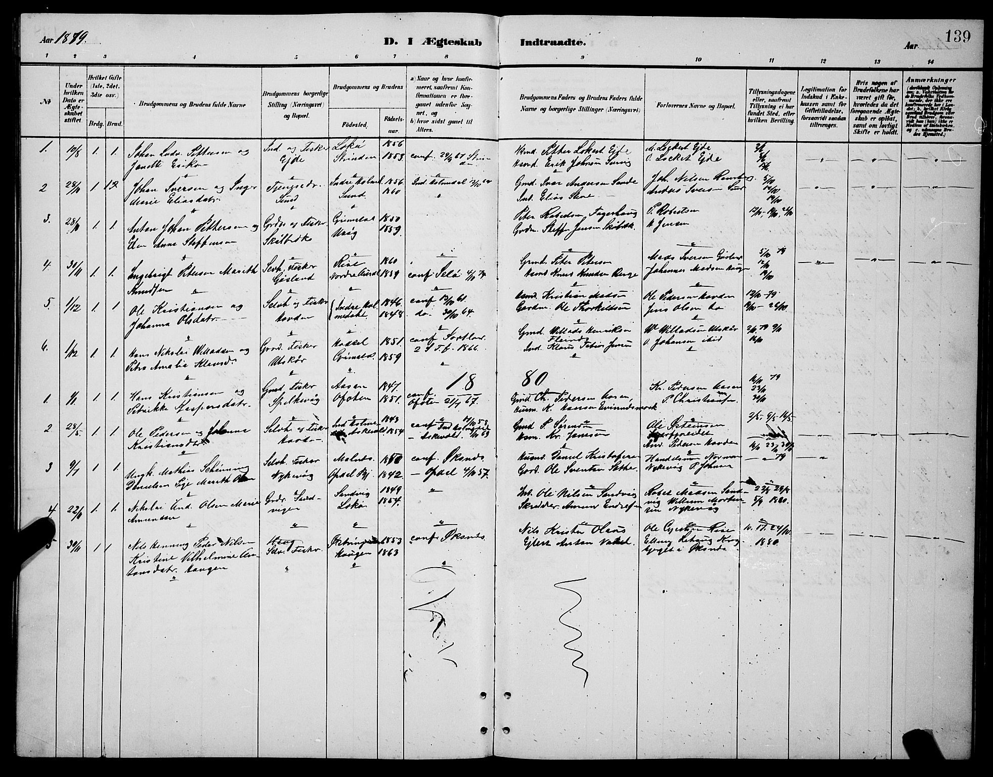 Ministerialprotokoller, klokkerbøker og fødselsregistre - Nordland, SAT/A-1459/892/L1325: Klokkerbok nr. 892C02, 1878-1896, s. 139