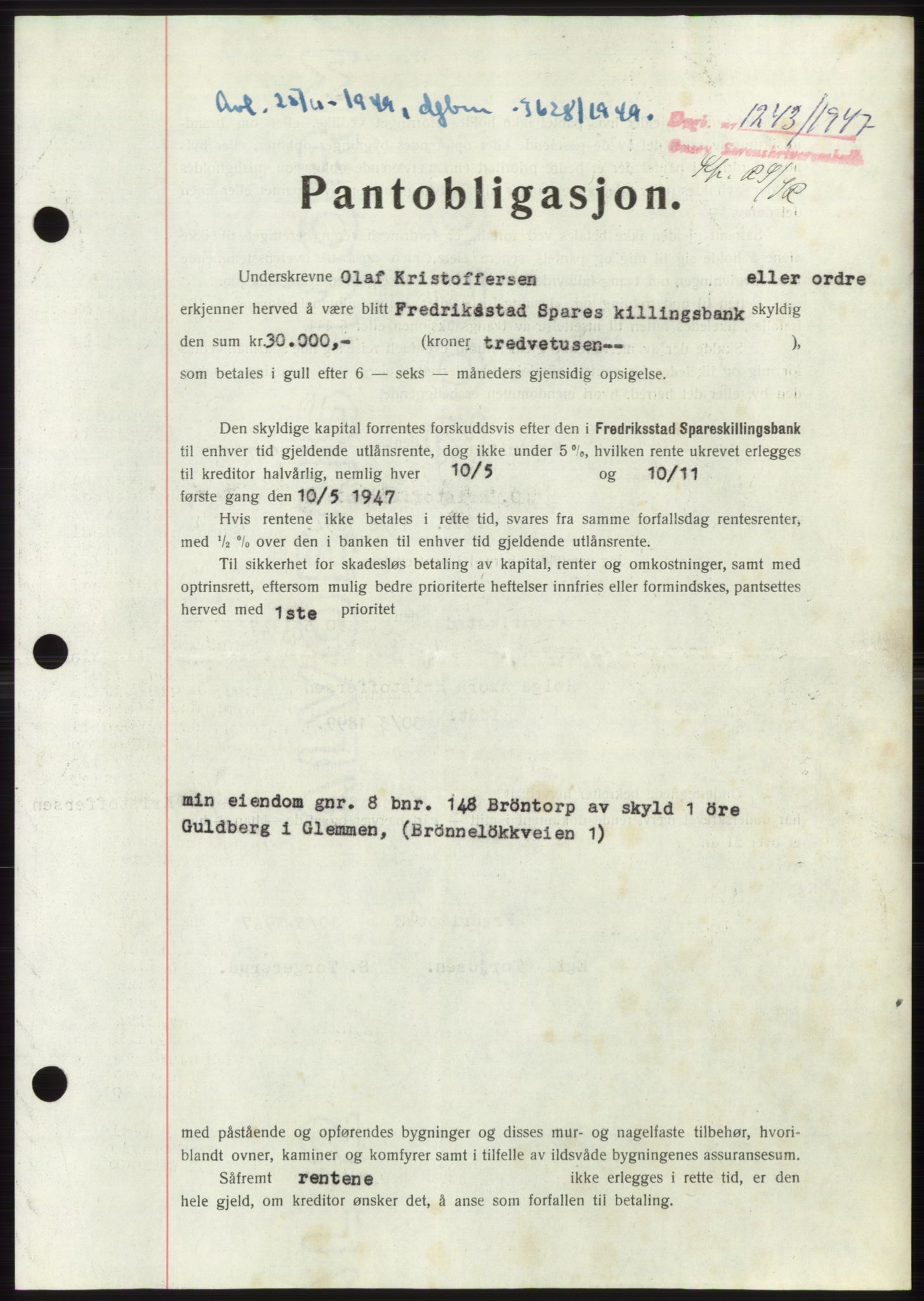 Onsøy sorenskriveri, SAO/A-10474/G/Ga/Gac/L0006: Pantebok nr. B 12-6, 1947-1948, Dagboknr: 1243/1947