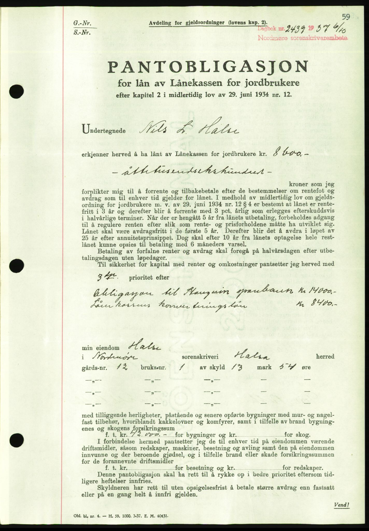 Nordmøre sorenskriveri, AV/SAT-A-4132/1/2/2Ca/L0092: Pantebok nr. B82, 1937-1938, Dagboknr: 2439/1937