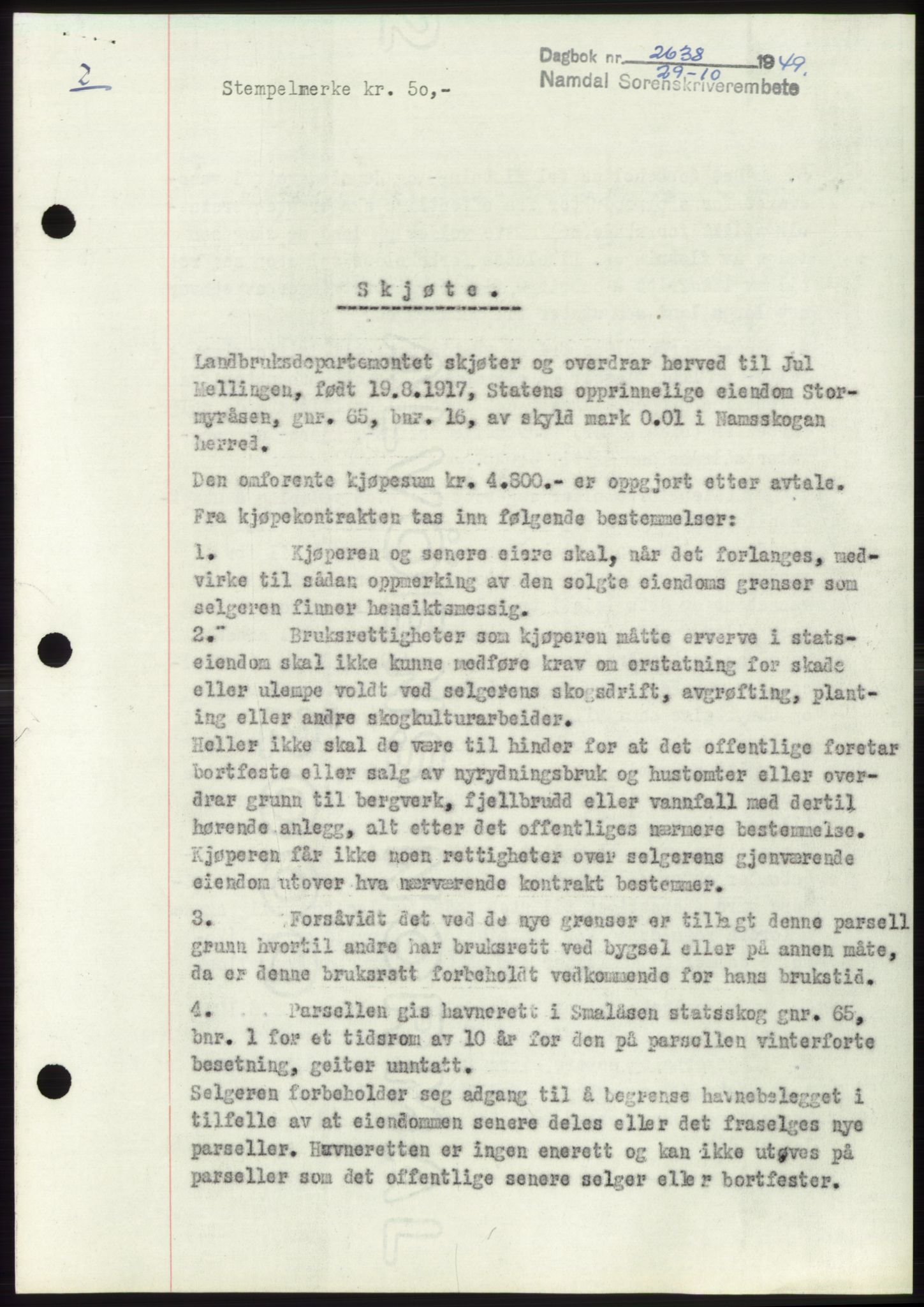 Namdal sorenskriveri, SAT/A-4133/1/2/2C: Pantebok nr. -, 1949-1949, Dagboknr: 2638/1949