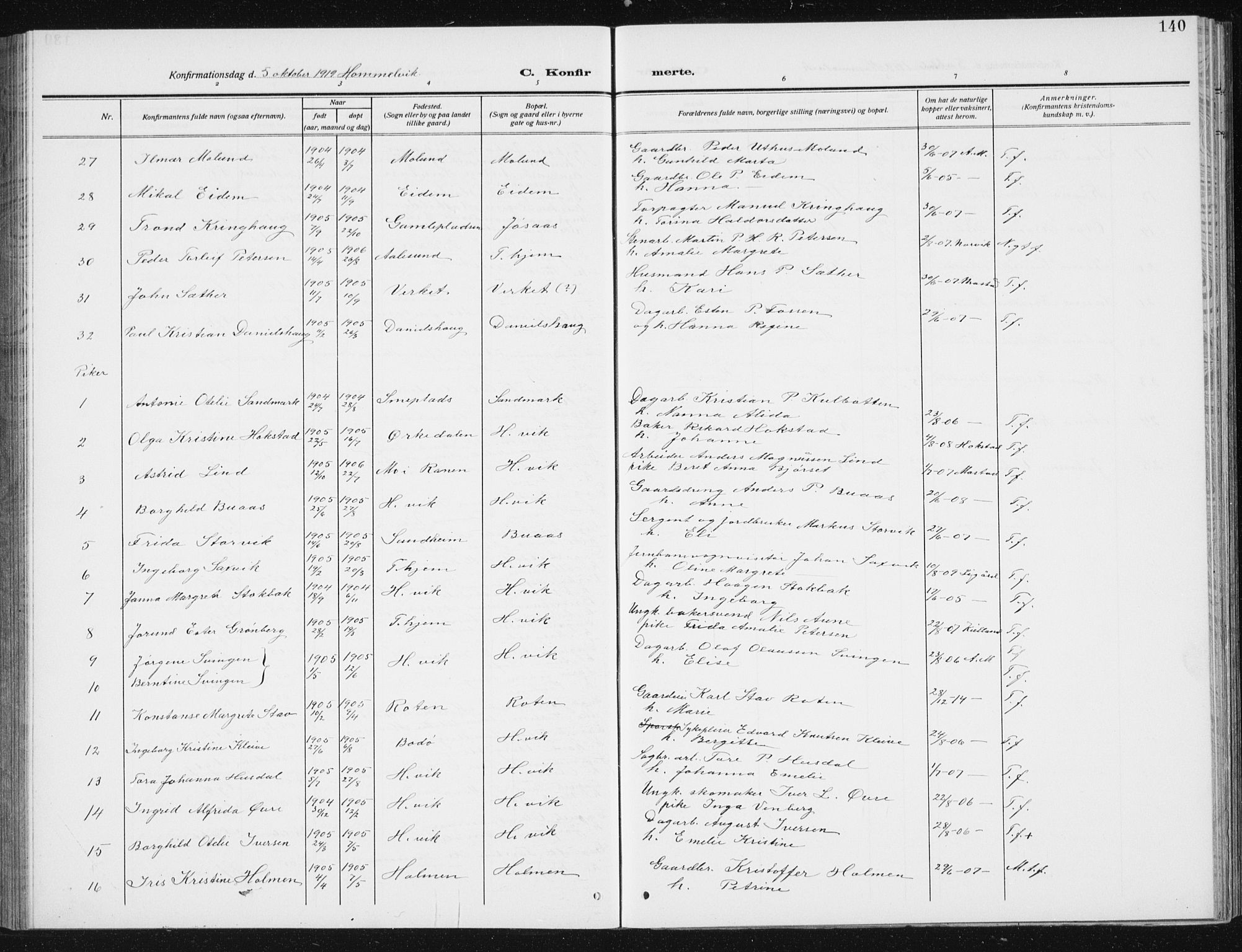 Ministerialprotokoller, klokkerbøker og fødselsregistre - Sør-Trøndelag, AV/SAT-A-1456/617/L0431: Klokkerbok nr. 617C02, 1910-1936, s. 140