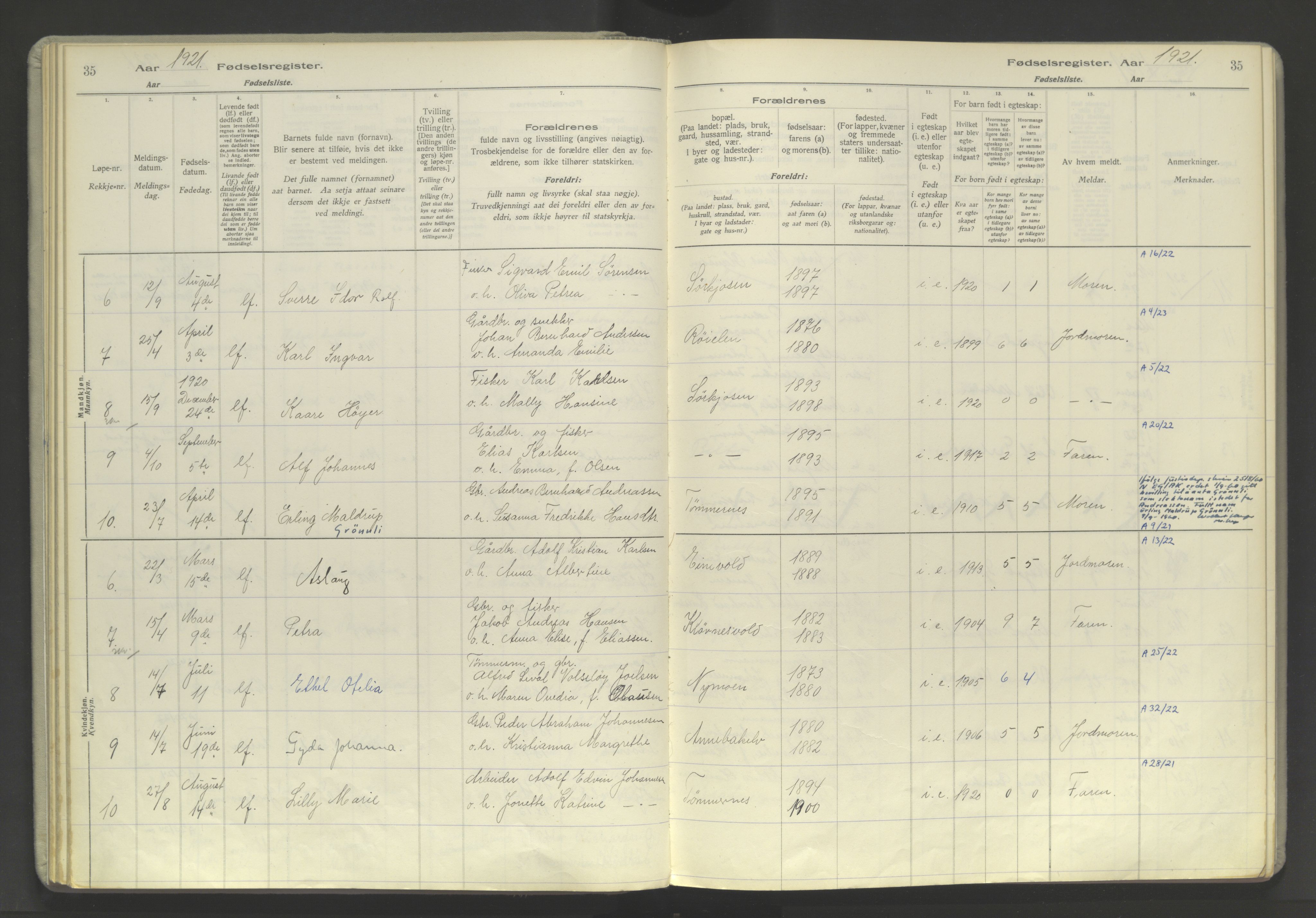 Skjervøy sokneprestkontor, AV/SATØ-S-1300/I/Ia/L0060: Fødselsregister nr. 60, 1916-1947, s. 35