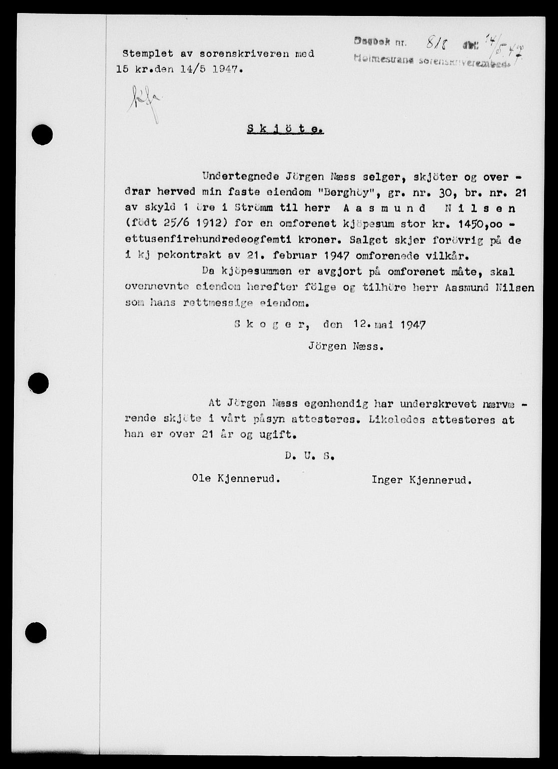 Holmestrand sorenskriveri, SAKO/A-67/G/Ga/Gaa/L0062: Pantebok nr. A-62, 1947-1947, Dagboknr: 818/1947
