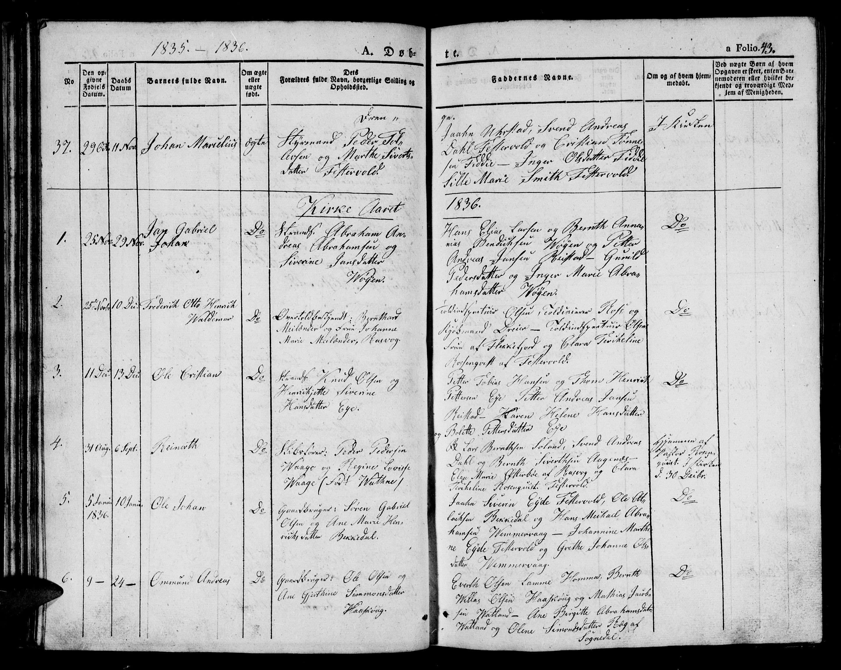 Flekkefjord sokneprestkontor, AV/SAK-1111-0012/F/Fb/Fbb/L0002: Klokkerbok nr. B 2a, 1831-1866, s. 43