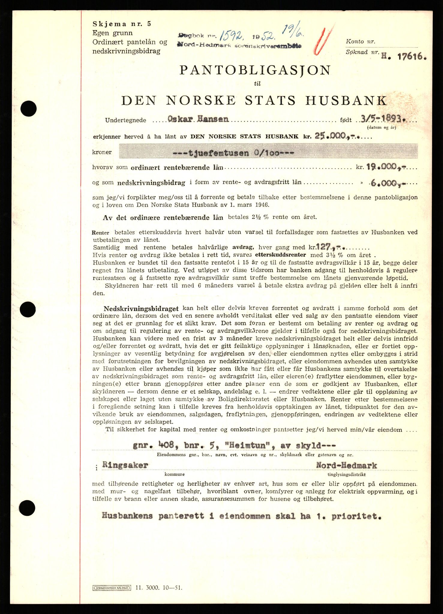 Nord-Hedmark sorenskriveri, SAH/TING-012/H/Hb/Hbf/L0025: Pantebok nr. B25, 1952-1952, Dagboknr: 1592/1952