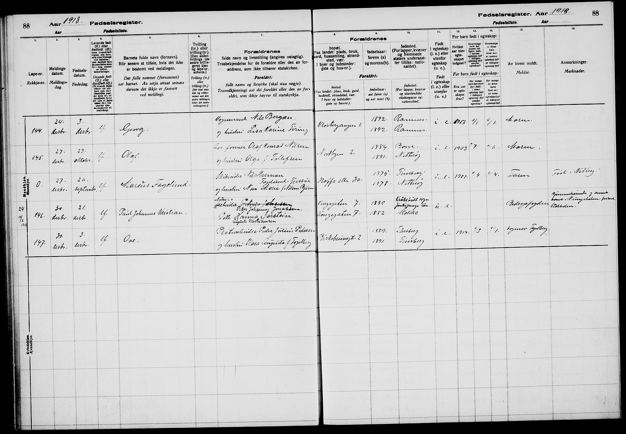 Tønsberg kirkebøker, AV/SAKO-A-330/J/Ja/L0001: Fødselsregister nr. 1, 1916-1922, s. 88
