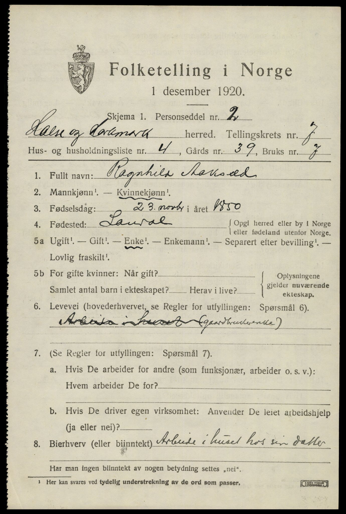 SAK, Folketelling 1920 for 1019 Halse og Harkmark herred, 1920, s. 3741