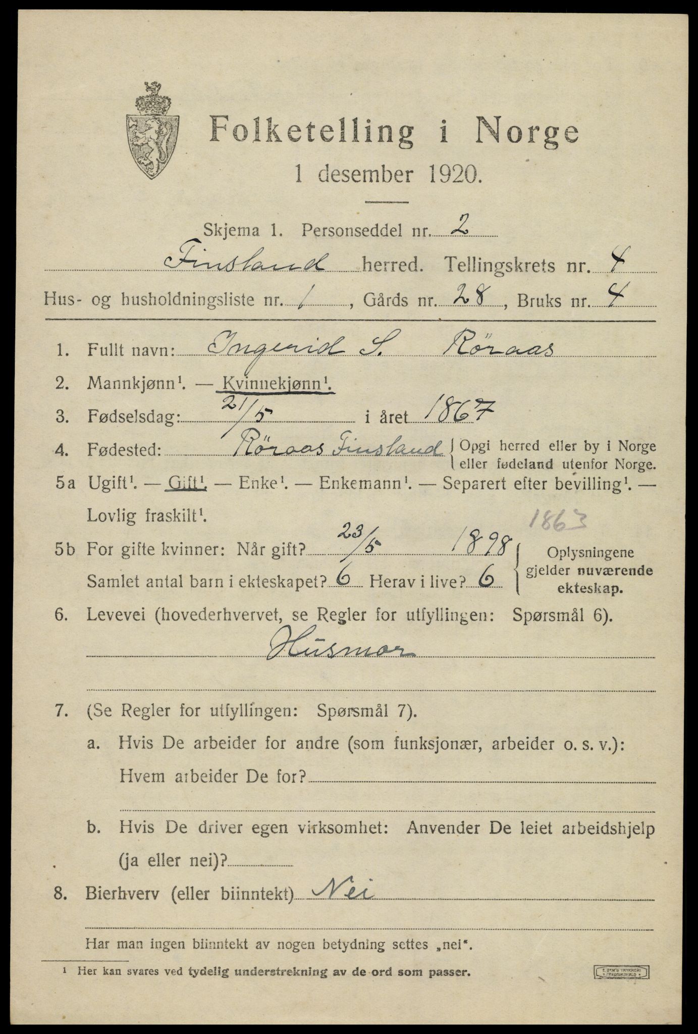 SAK, Folketelling 1920 for 1023 Finsland herred, 1920, s. 1604
