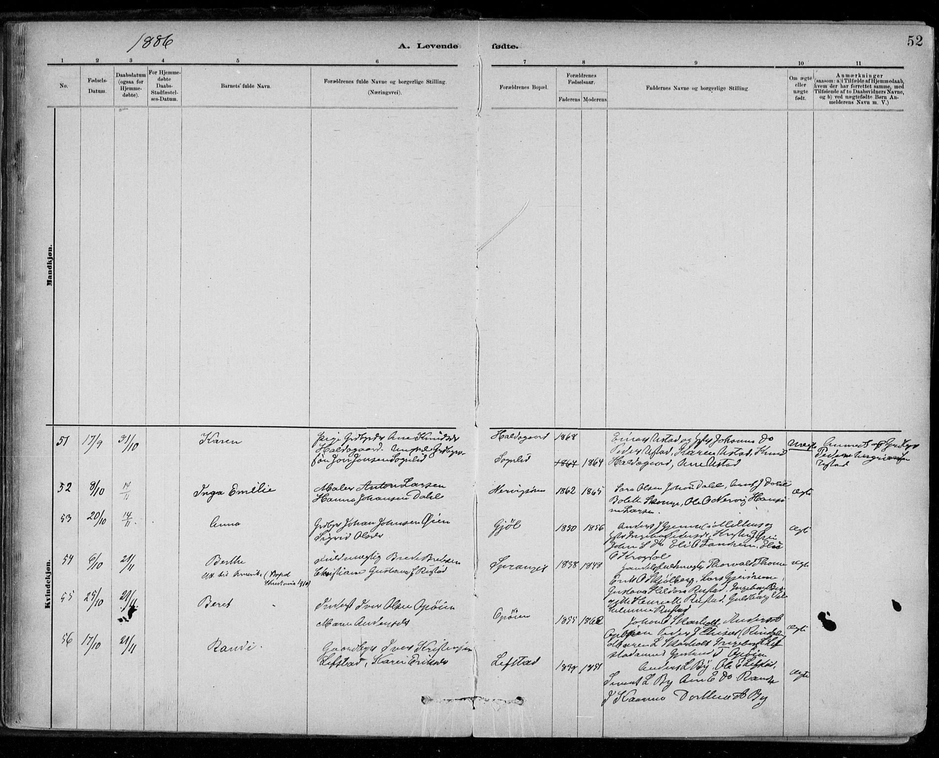 Ministerialprotokoller, klokkerbøker og fødselsregistre - Sør-Trøndelag, AV/SAT-A-1456/668/L0809: Ministerialbok nr. 668A09, 1881-1895, s. 52